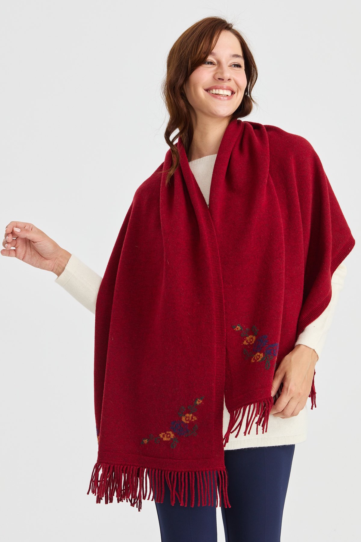 23224Kadın Triko Kenarı Çiçekli Yün Şal V.Kırmızı