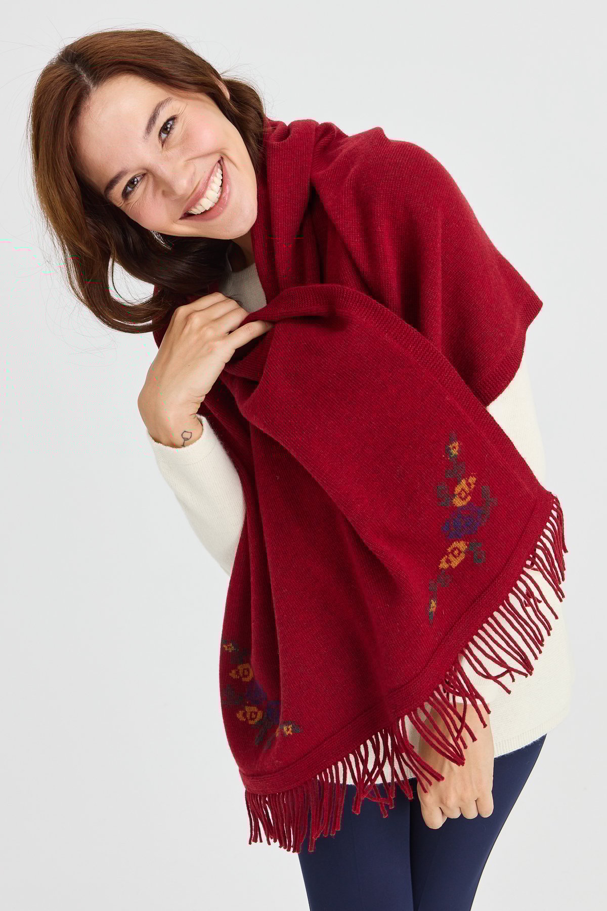 23224Kadın Triko Kenarı Çiçekli Yün Şal V.Kırmızı