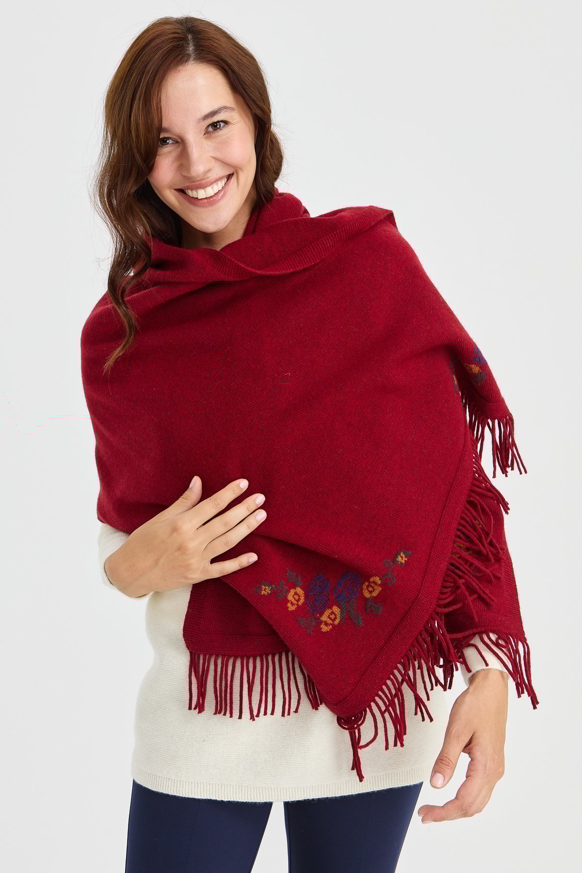 23224Kadın Triko Kenarı Çiçekli Yün Şal V.Kırmızı