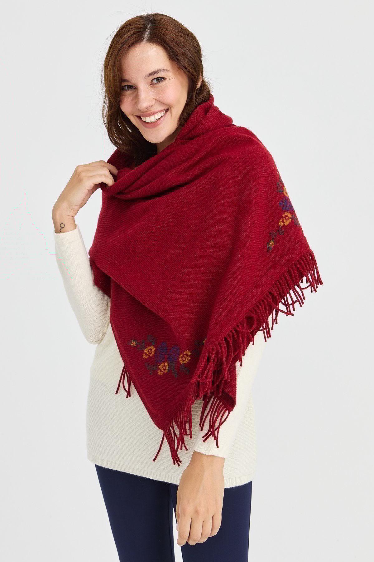 23224Kadın Triko Kenarı Çiçekli Yün Şal V.Kırmızı