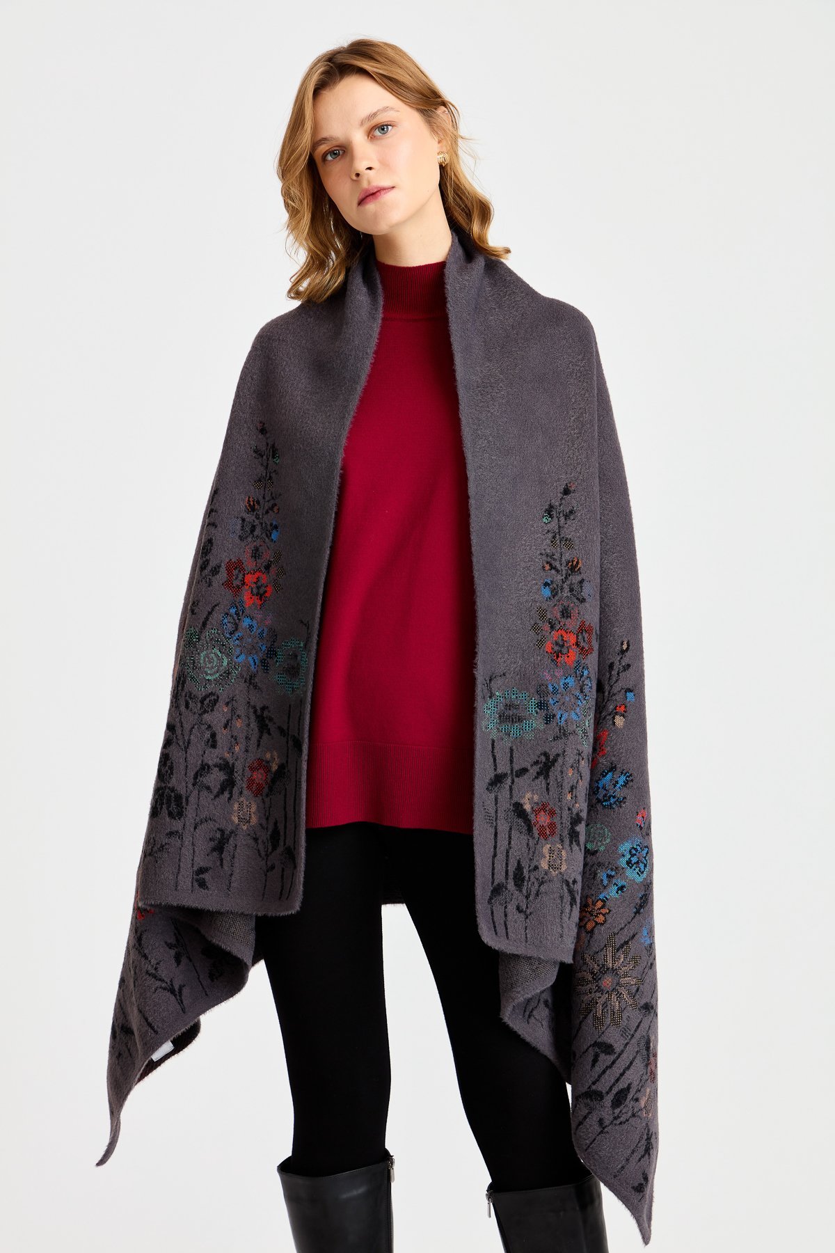 23999Женская шерстяная трикотажная шаль с узором полевых цветов по краям