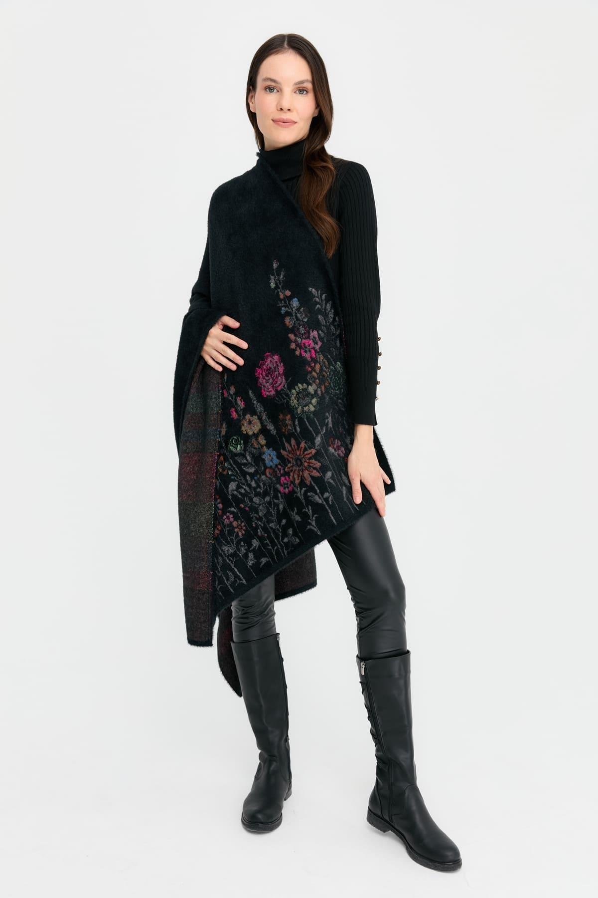 23999Kadın Triko Kenarları Kır Çiçeği Desenli Yün Şal 06
