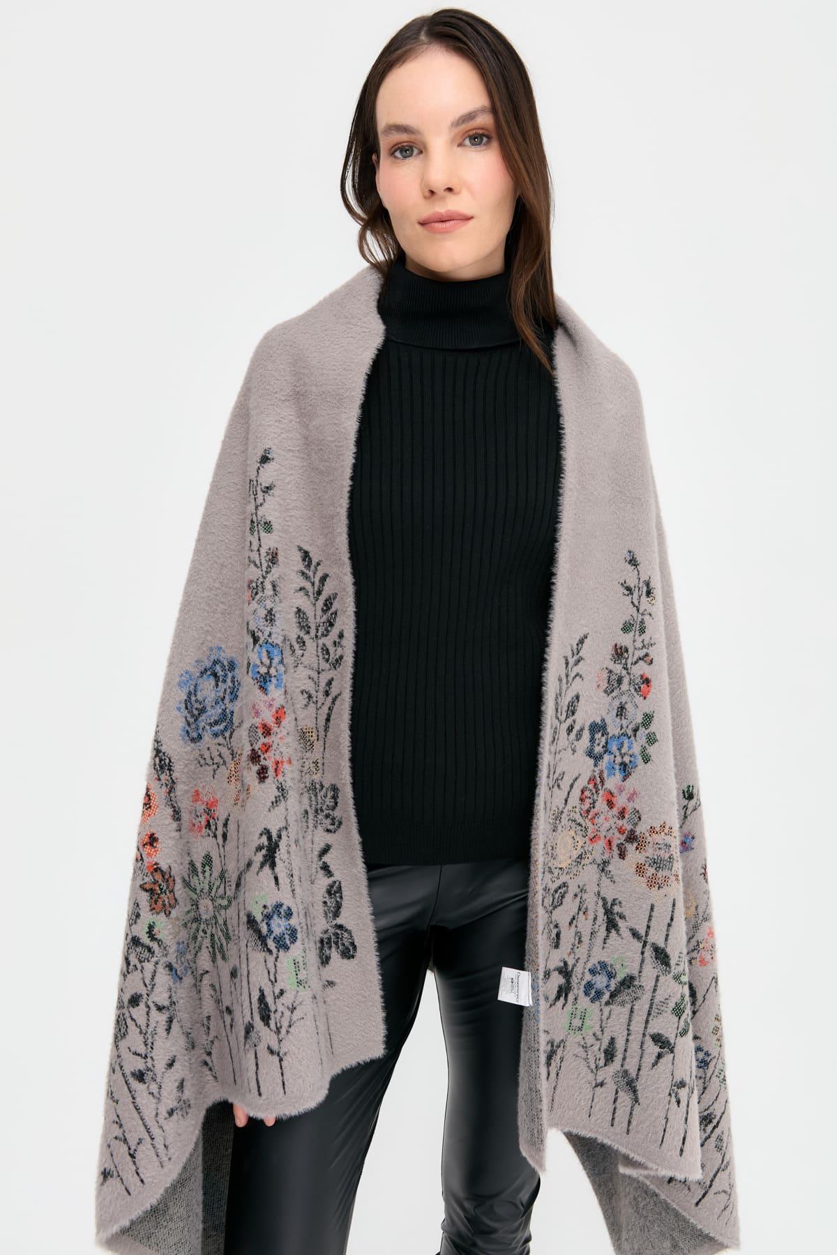 23999Kadın Triko Kenarları Kır Çiçeği Desenli Yün Şal 11