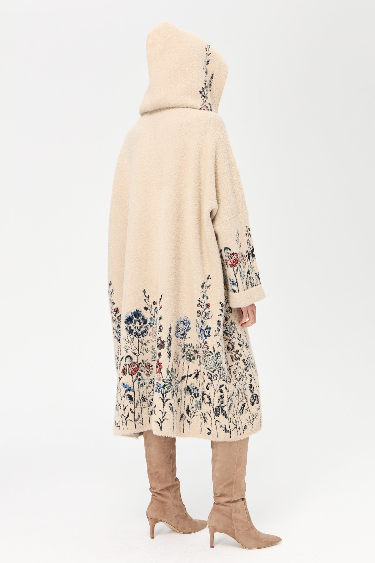 23065Kadın Triko Kırçiçeği Desenli AFrodit Panço Bej