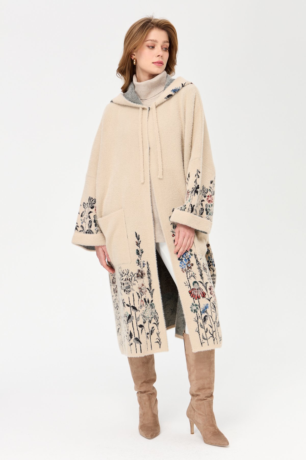 23065Kadın Triko Kırçiçeği Desenli AFrodit Panço Bej