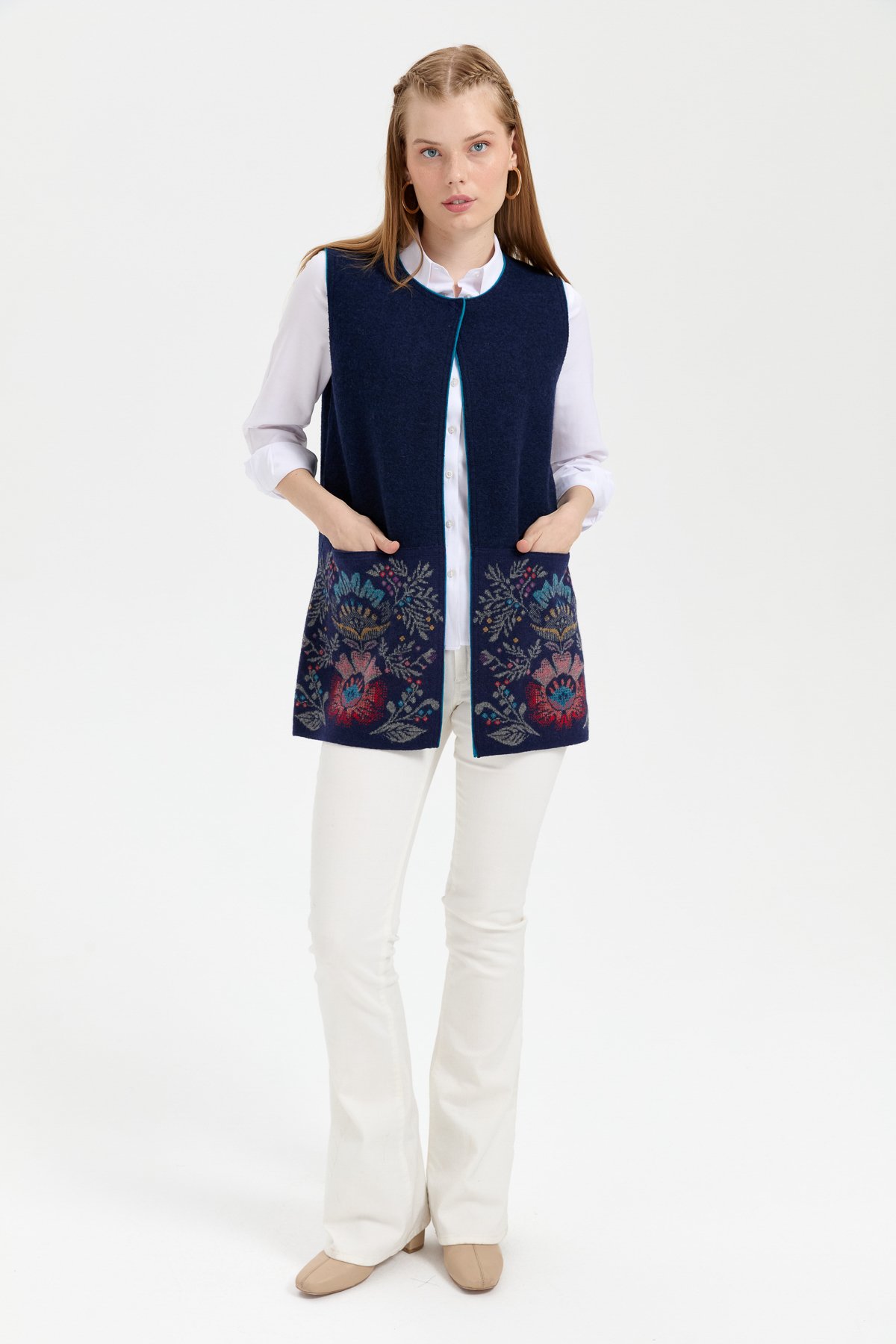 24076Kadın Triko Önü Açık Araboy Yün Yelek Y.A Lacivert