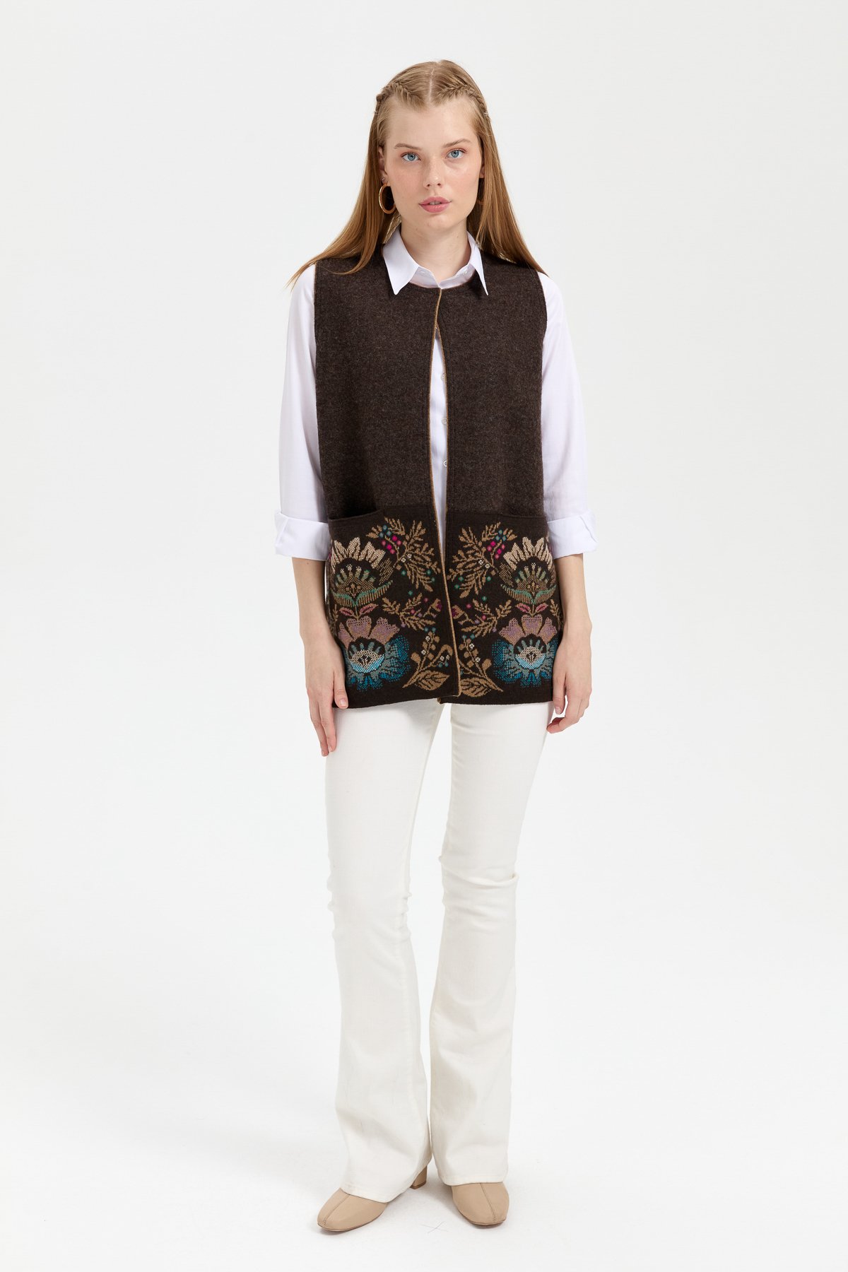 24076Kadın Triko Önü Açık Araboy Yün Yelek K.Kahve