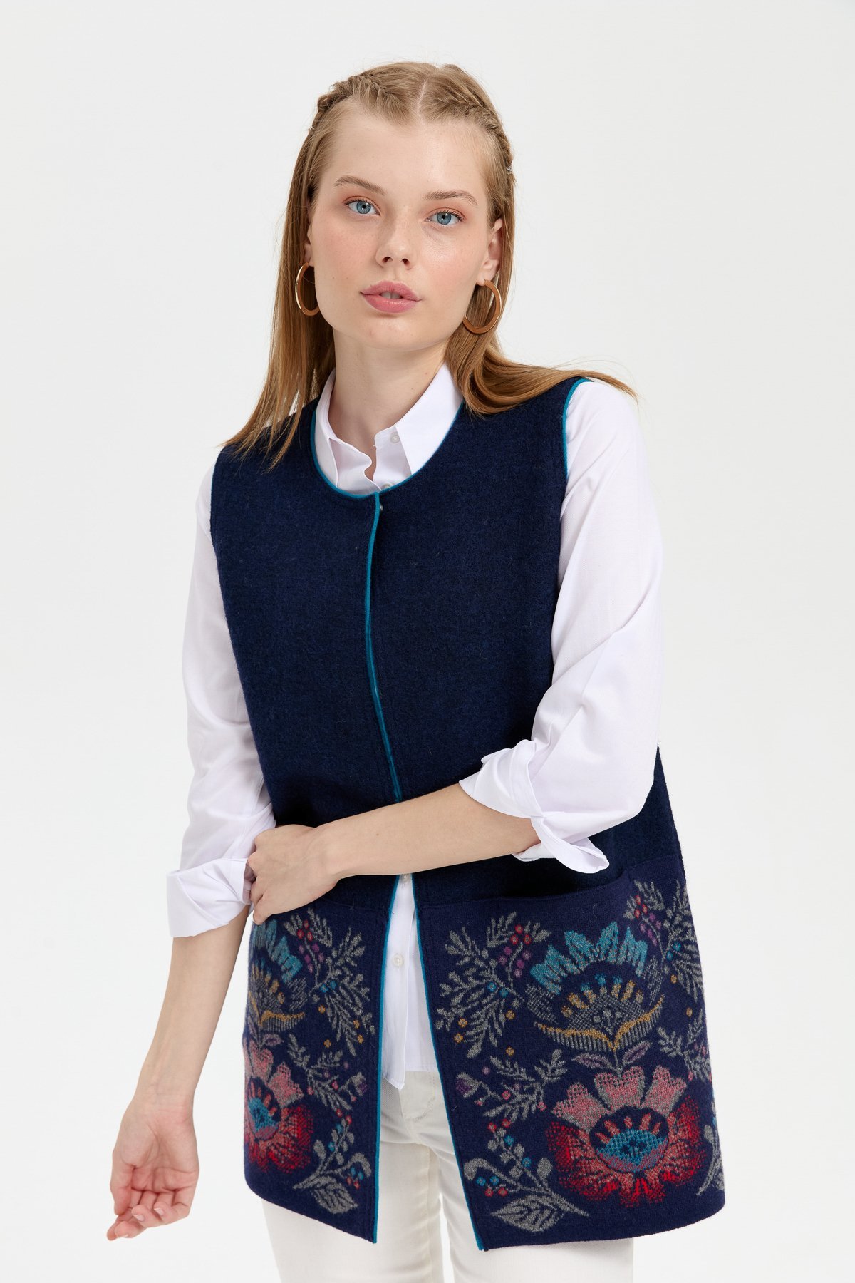 24076Kadın Triko Önü Açık Araboy Yün Yelek Y.A Lacivert