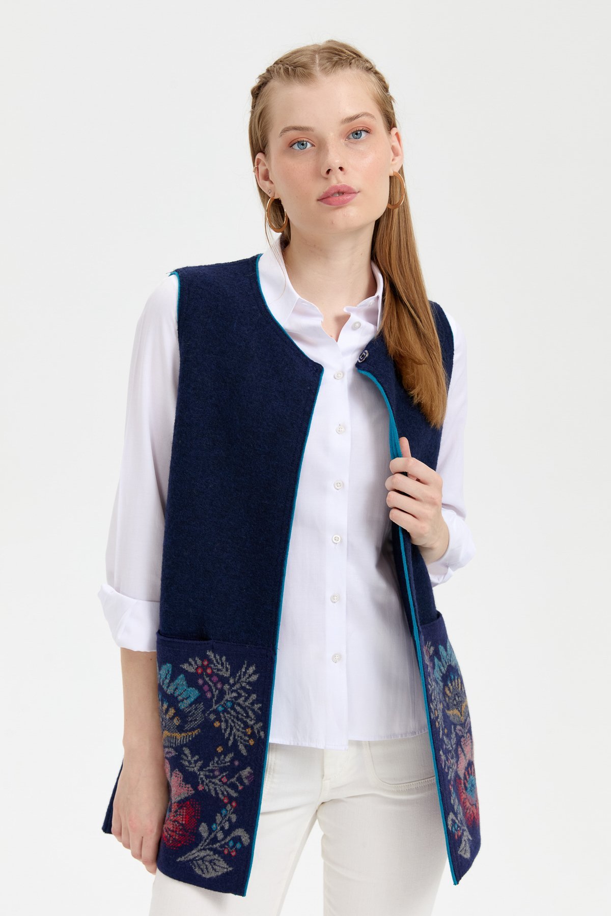 24076Kadın Triko Önü Açık Araboy Yün Yelek Y.A Lacivert