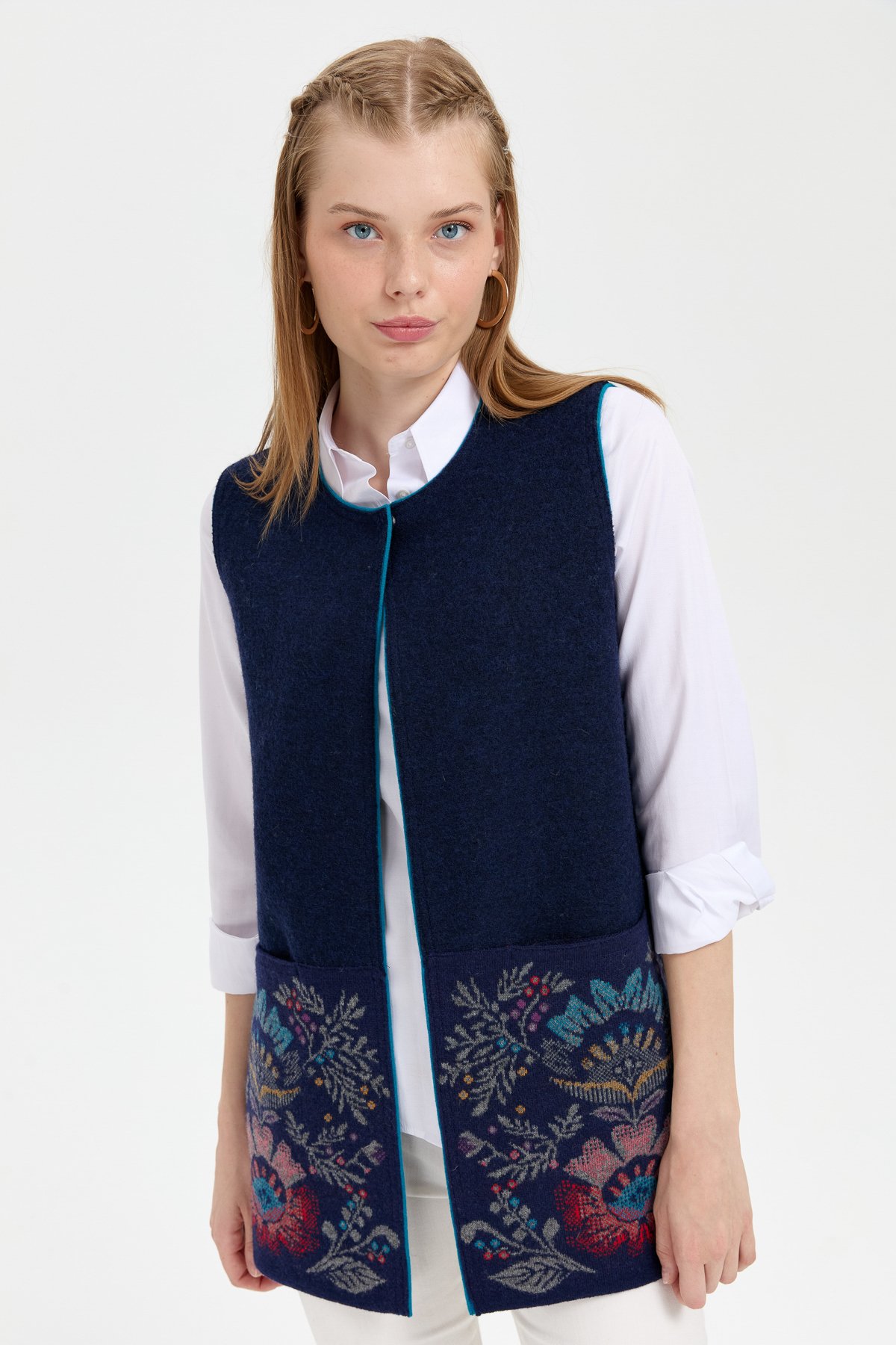 24076Kadın Triko Önü Açık Araboy Yün Yelek Y.A Lacivert