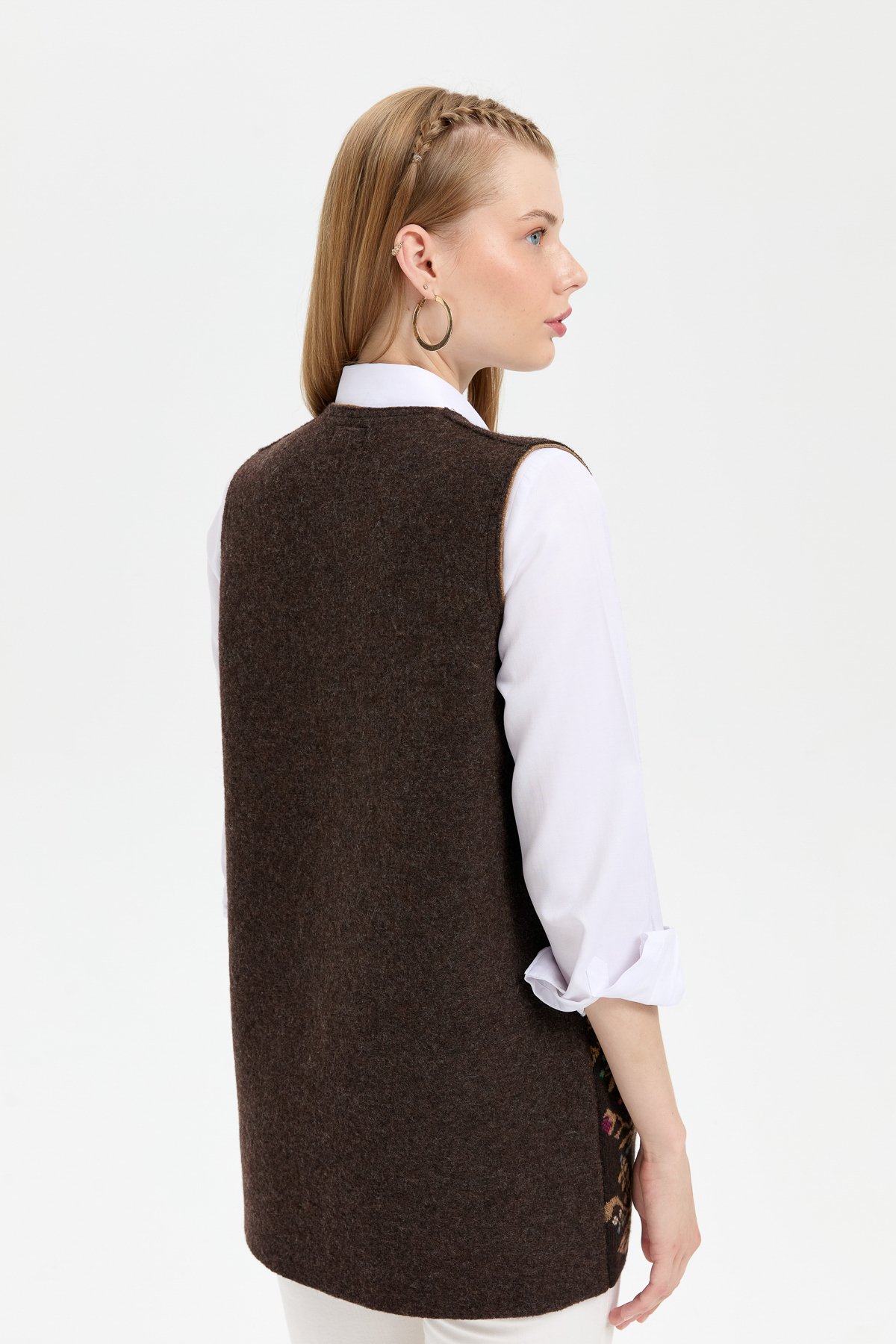 24076Kadın Triko Önü Açık Araboy Yün Yelek K.Kahve
