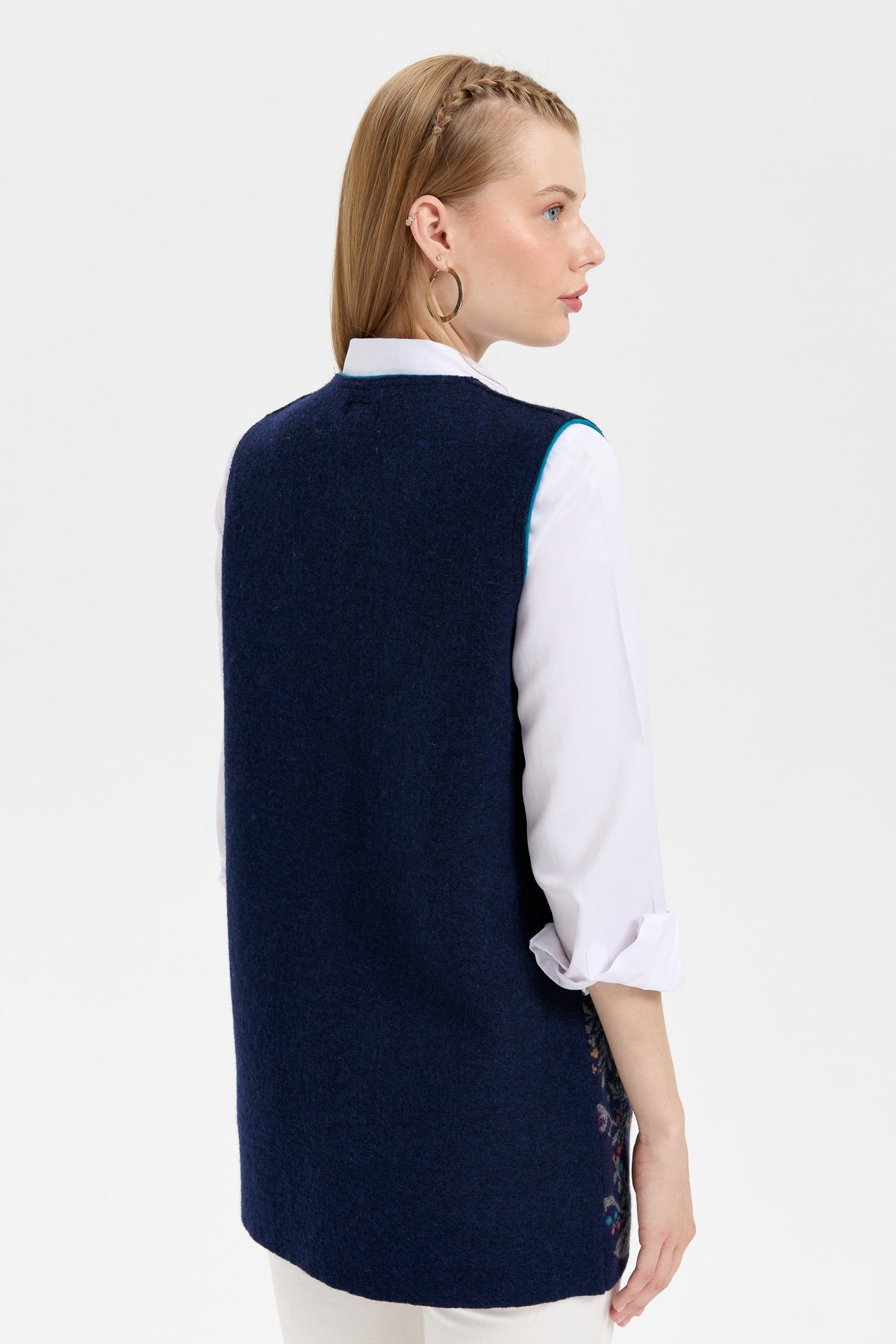 24076Kadın Triko Önü Açık Araboy Yün Yelek Y.A Lacivert