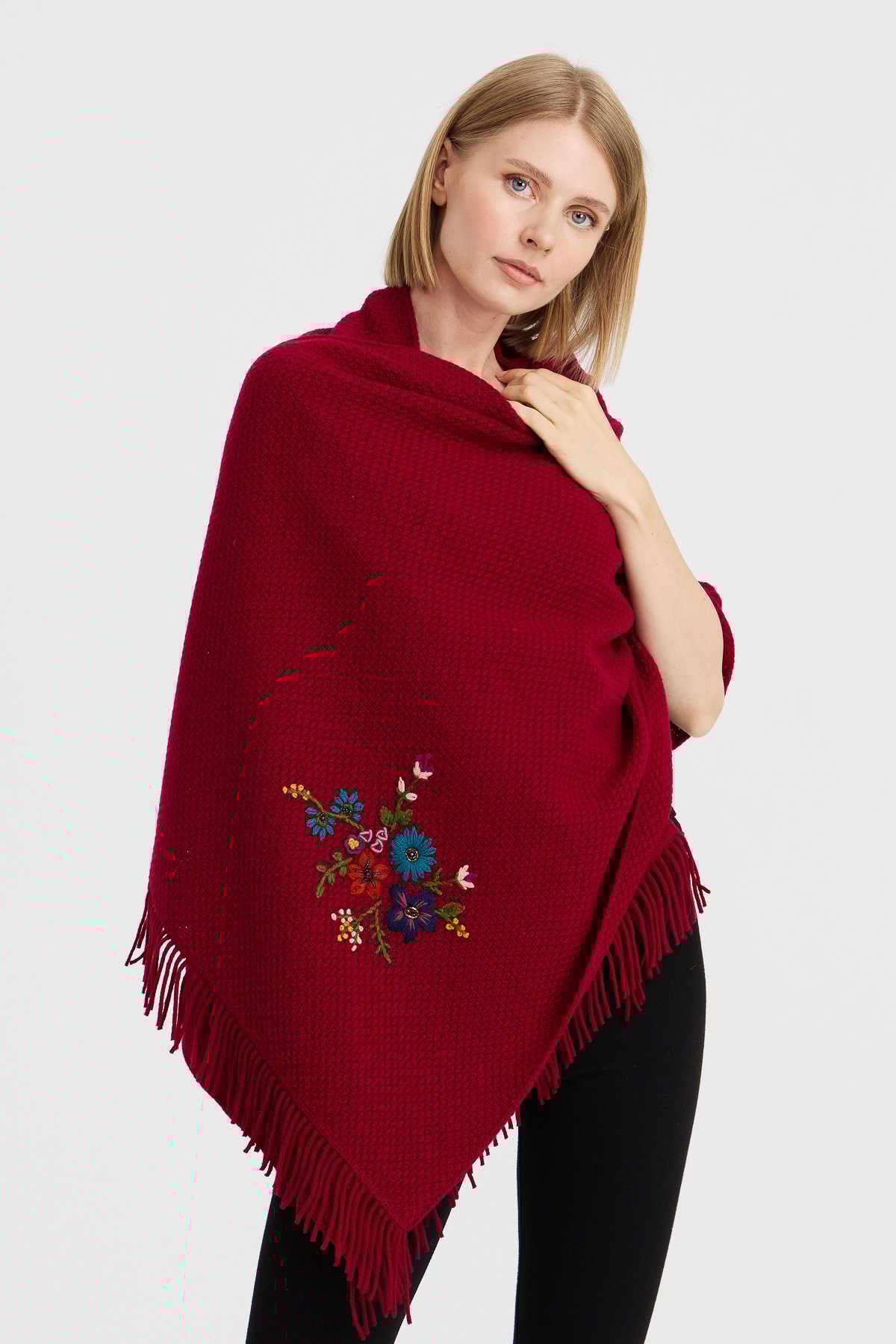 23030Kadın Triko Pirinç Örgü İşlemeli Yün Şal V.Çürüğü