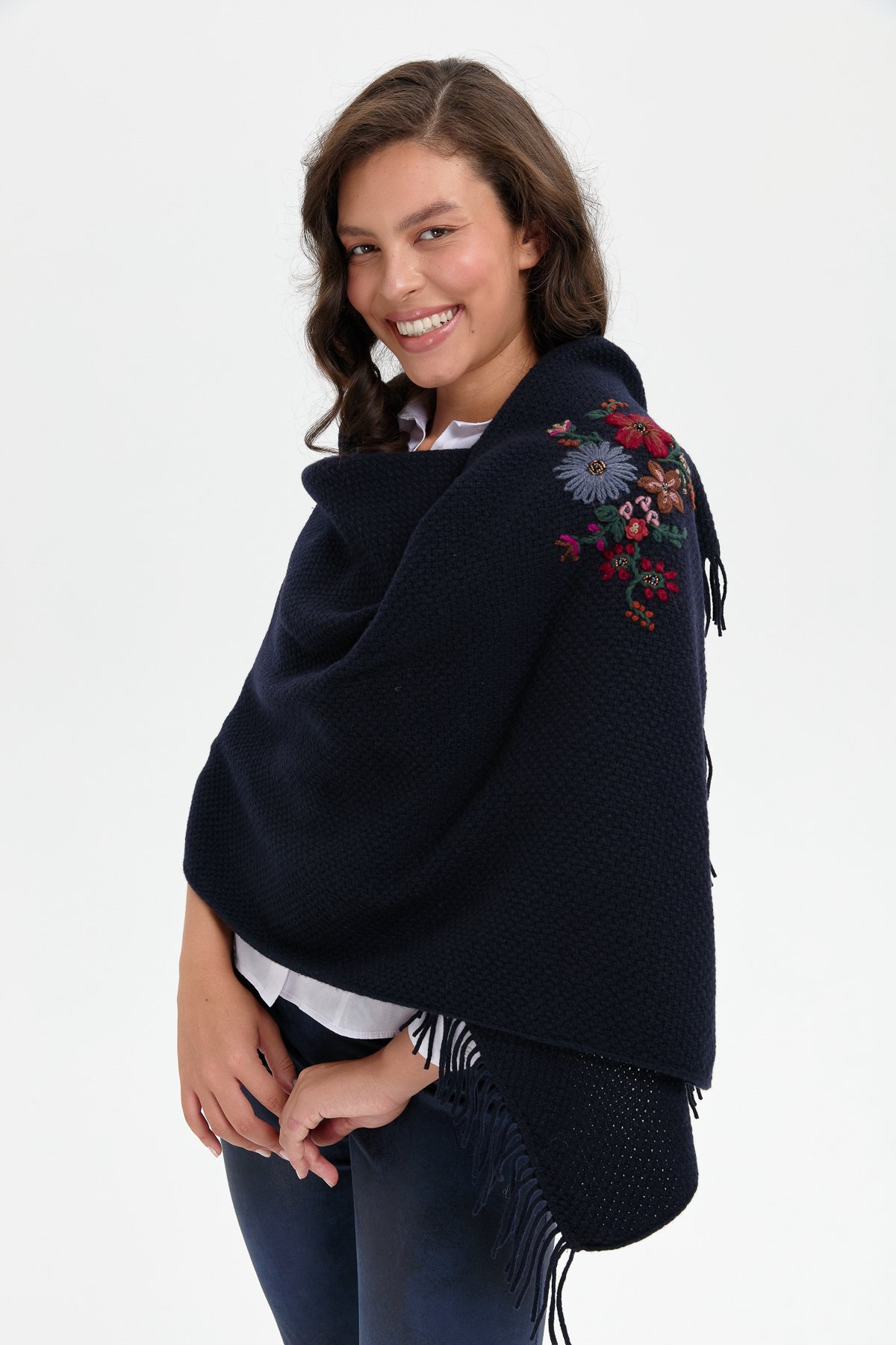 23030Kadın Triko Pirinç Örgü İşlemeli Yün Şal K.Lacivert