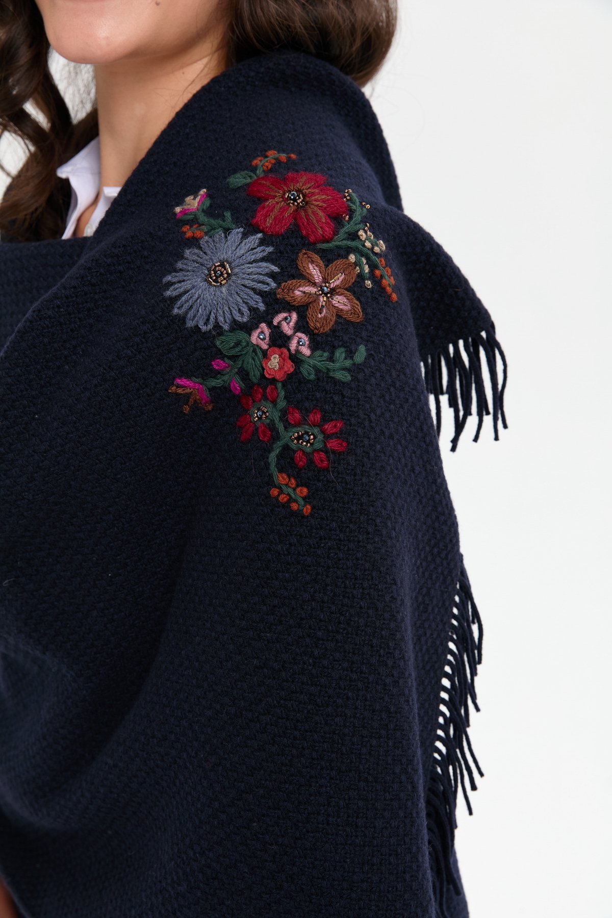 23030Kadın Triko Pirinç Örgü İşlemeli Yün Şal K.Lacivert