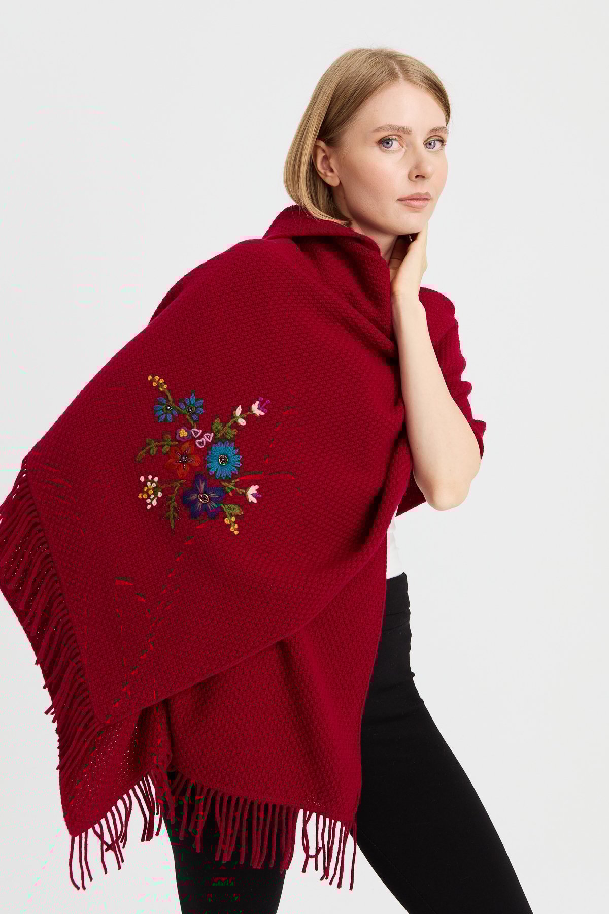 23030Kadın Triko Pirinç Örgü İşlemeli Yün Şal V.Çürüğü