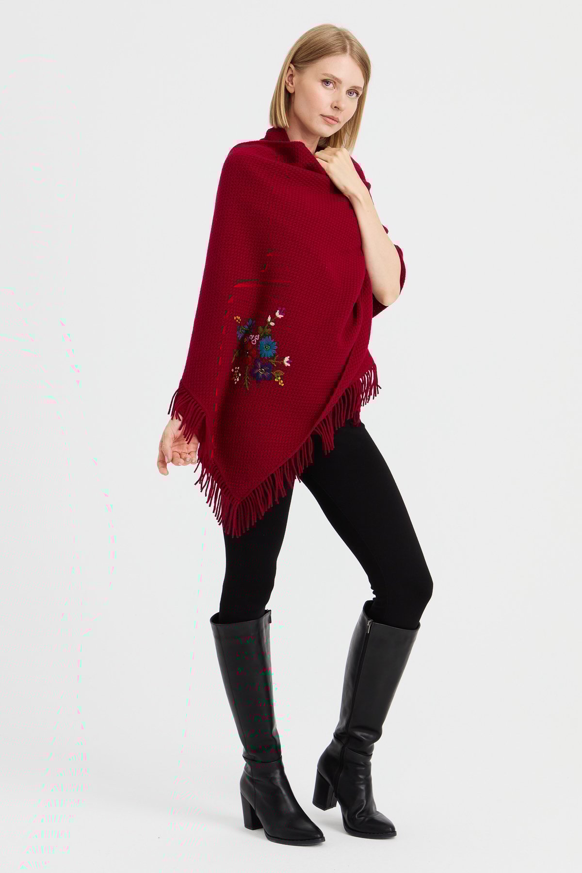 23030Kadın Triko Pirinç Örgü İşlemeli Yün Şal V.Çürüğü