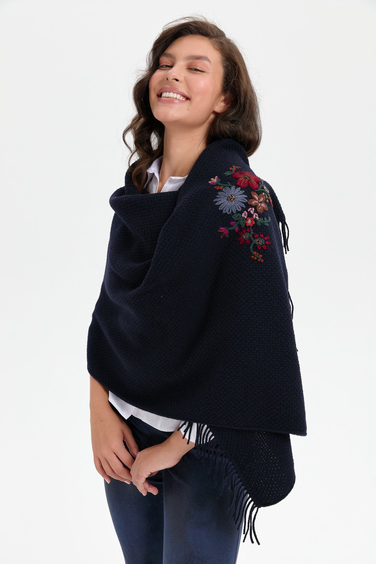 23030Kadın Triko Pirinç Örgü İşlemeli Yün Şal K.Lacivert