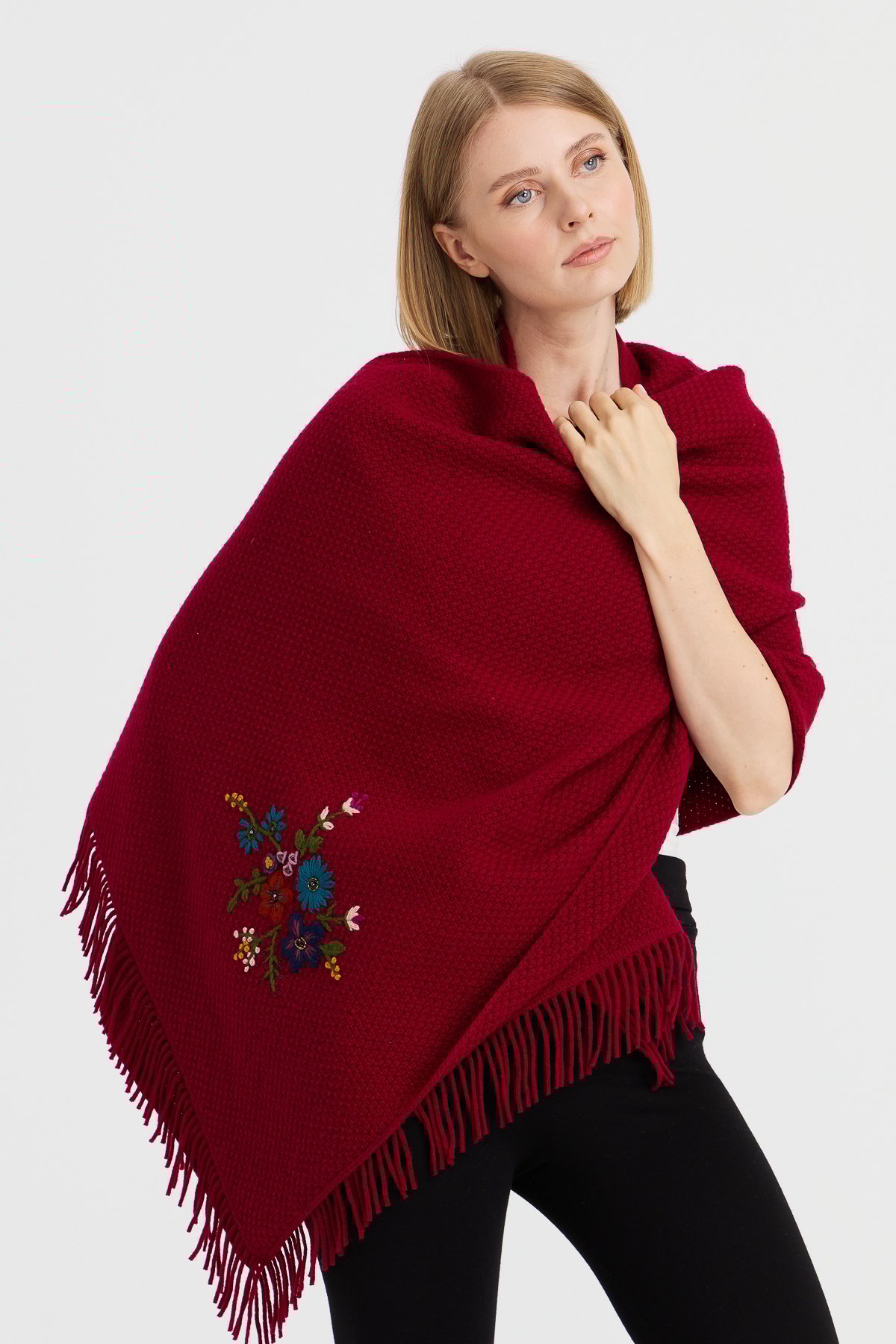 23030Kadın Triko Pirinç Örgü İşlemeli Yün Şal V.Çürüğü