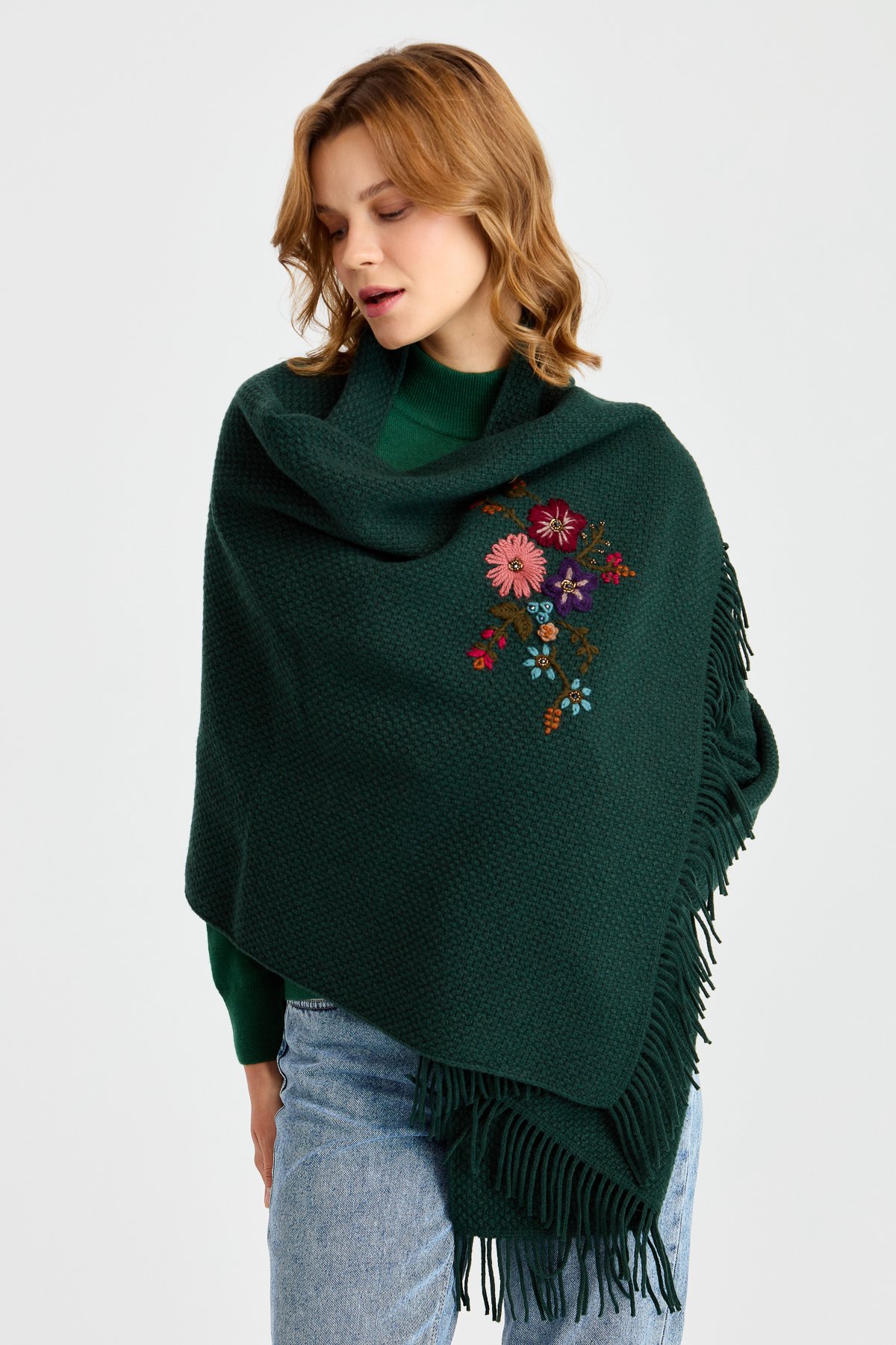 23030Женский трикотаж Латунная вязаная шерстяная шаль с вышивкой