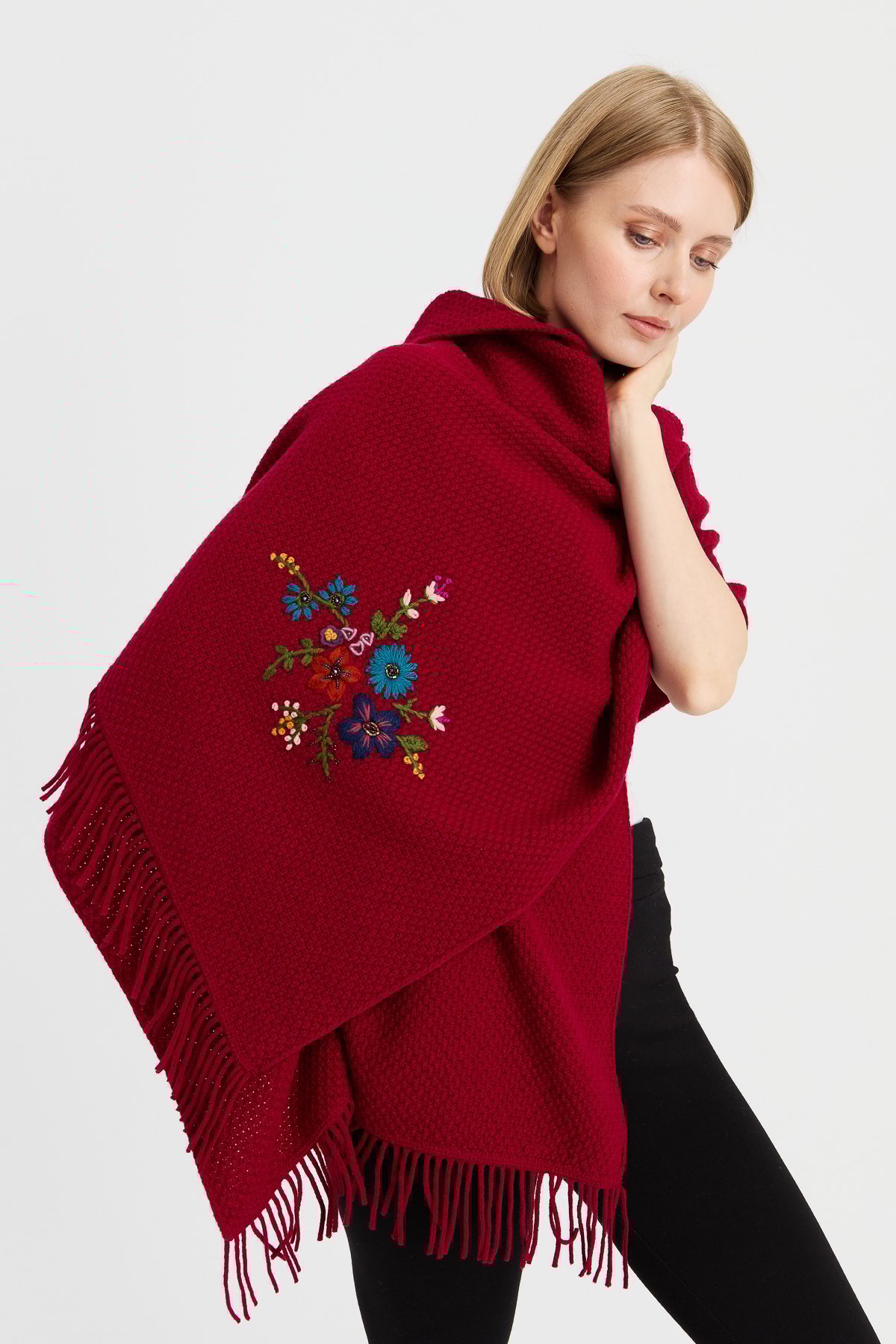 23030Kadın Triko Pirinç Örgü İşlemeli Yün Şal V.Çürüğü