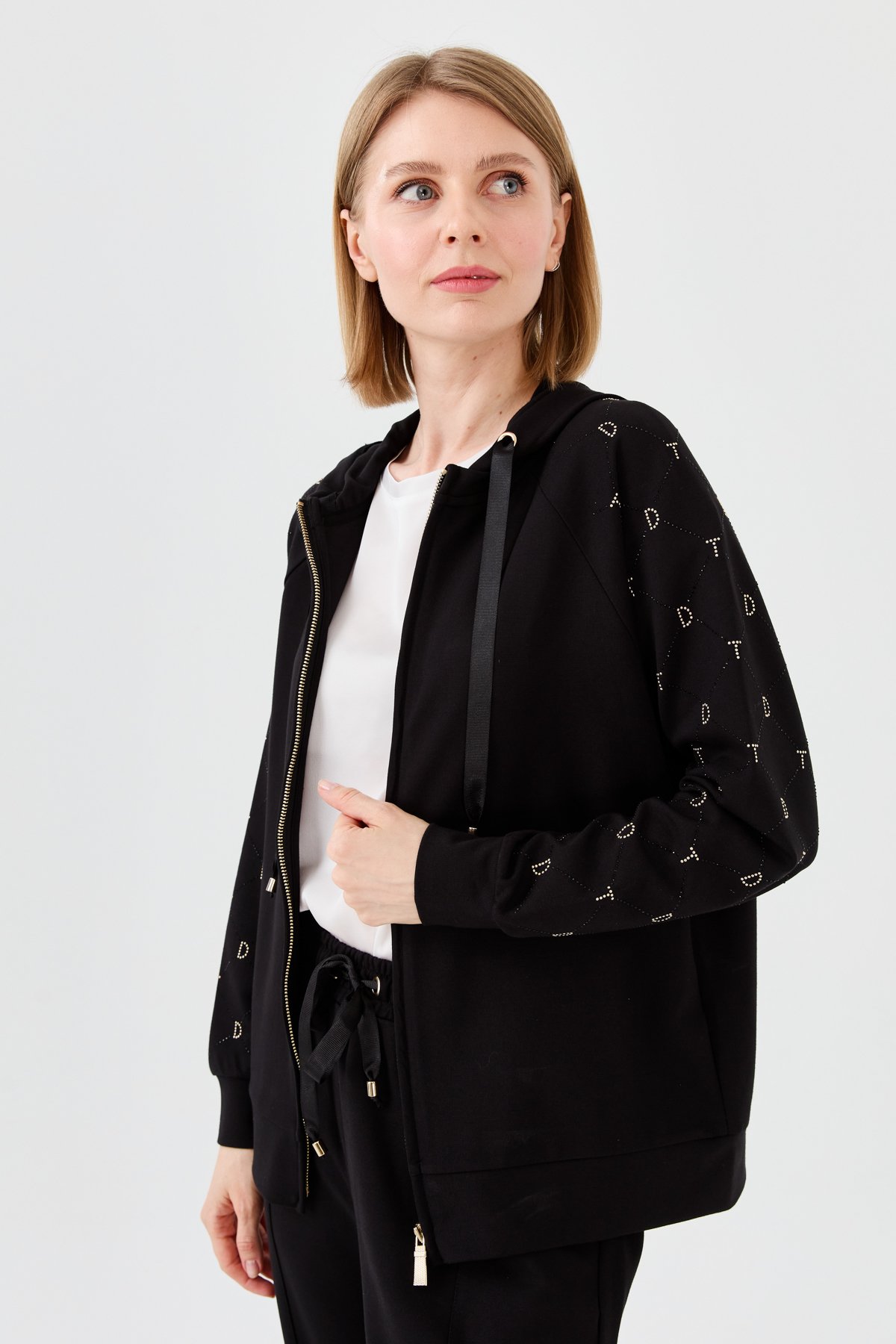 23457Kadın Triko Taş Basklı Kapüşonlu Yazlık Hırka Siyah