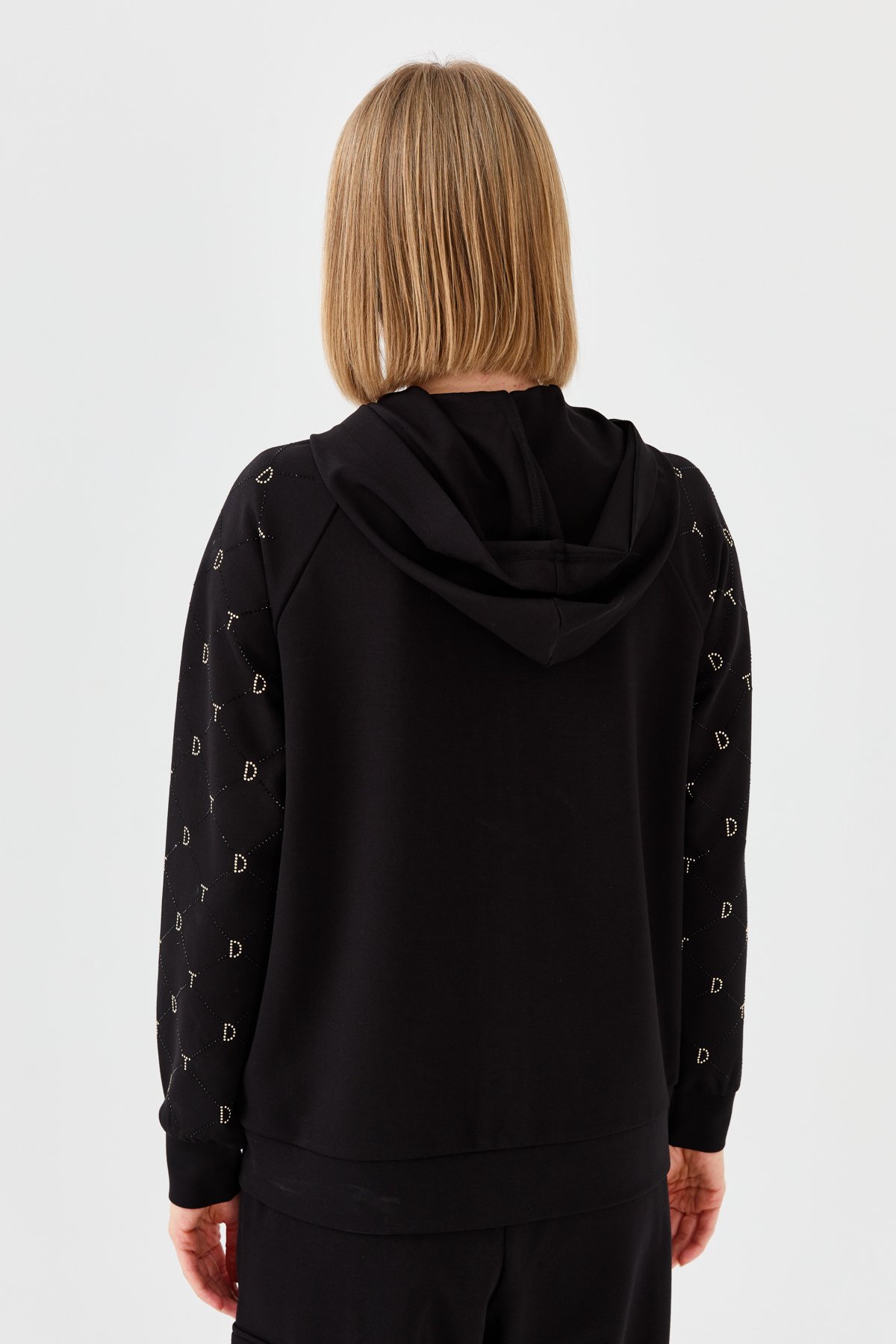 23457Kadın Triko Taş Basklı Kapüşonlu Yazlık Hırka Siyah