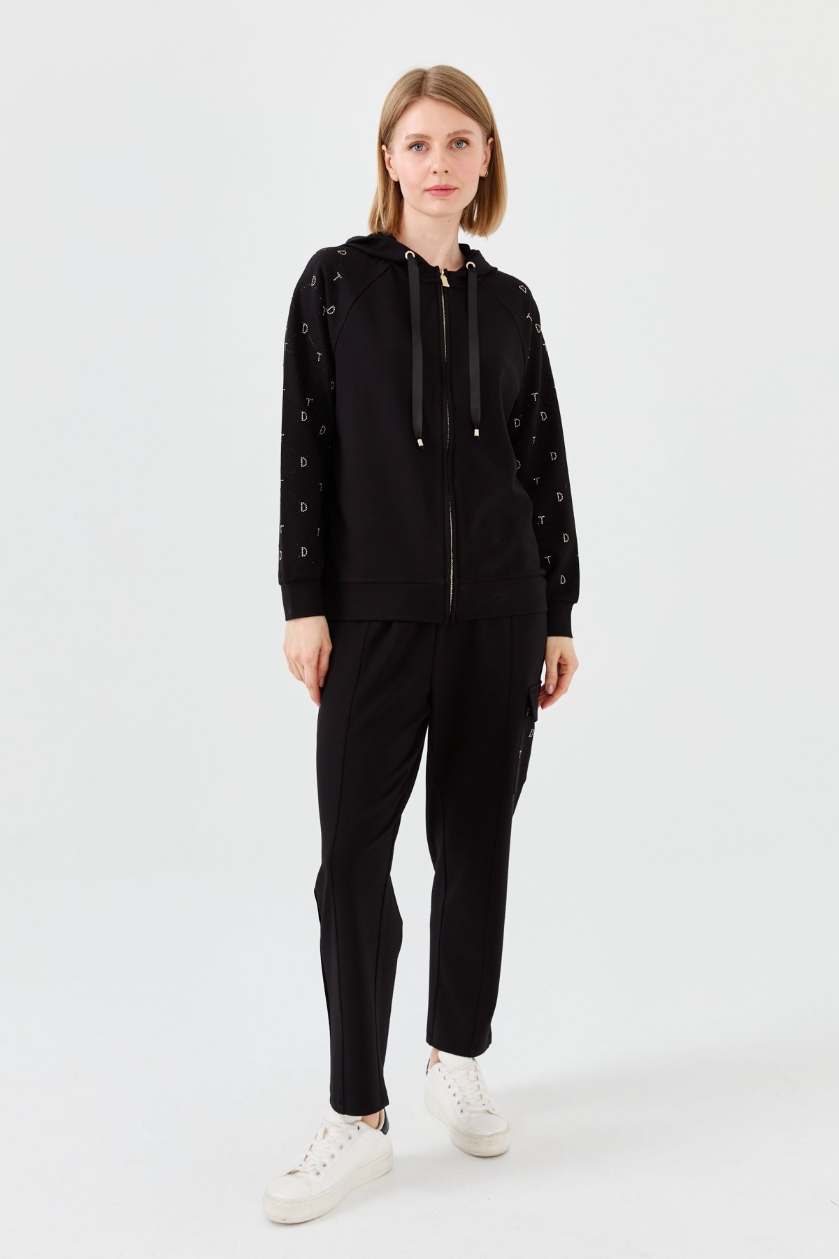 23457Kadın Triko Taş Basklı Kapüşonlu Yazlık Hırka Siyah