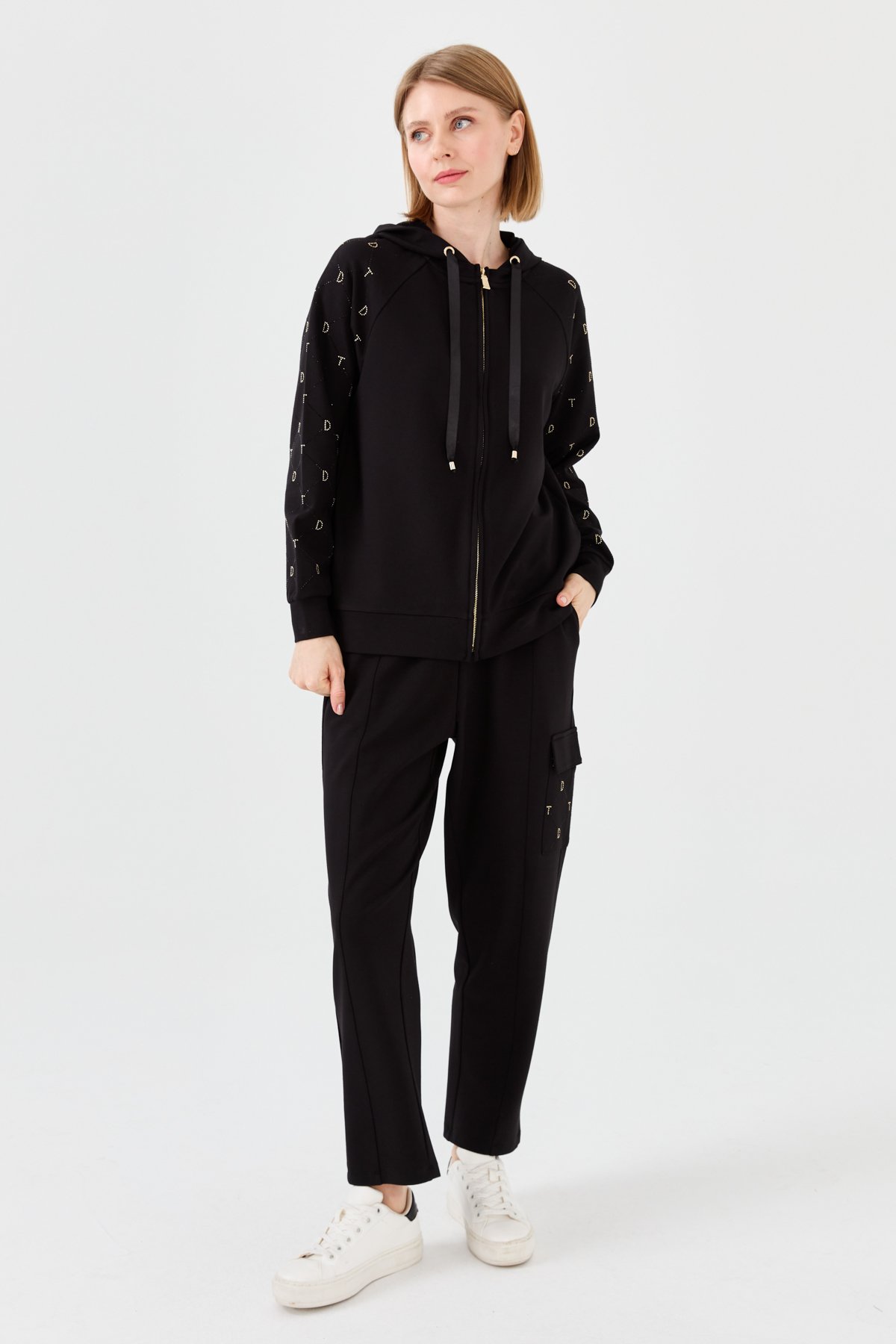 23457Kadın Triko Taş Basklı Kapüşonlu Yazlık Hırka Siyah