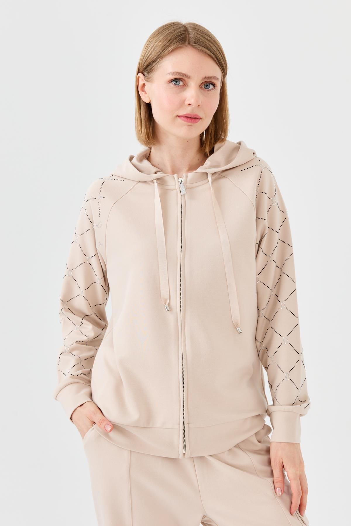 23457Kadın Triko Taş Basklı Kapüşonlu Yazlık Hırka Bej