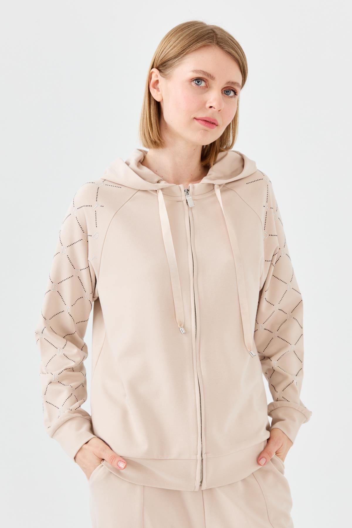 23457Kadın Triko Taş Basklı Kapüşonlu Yazlık Hırka Bej