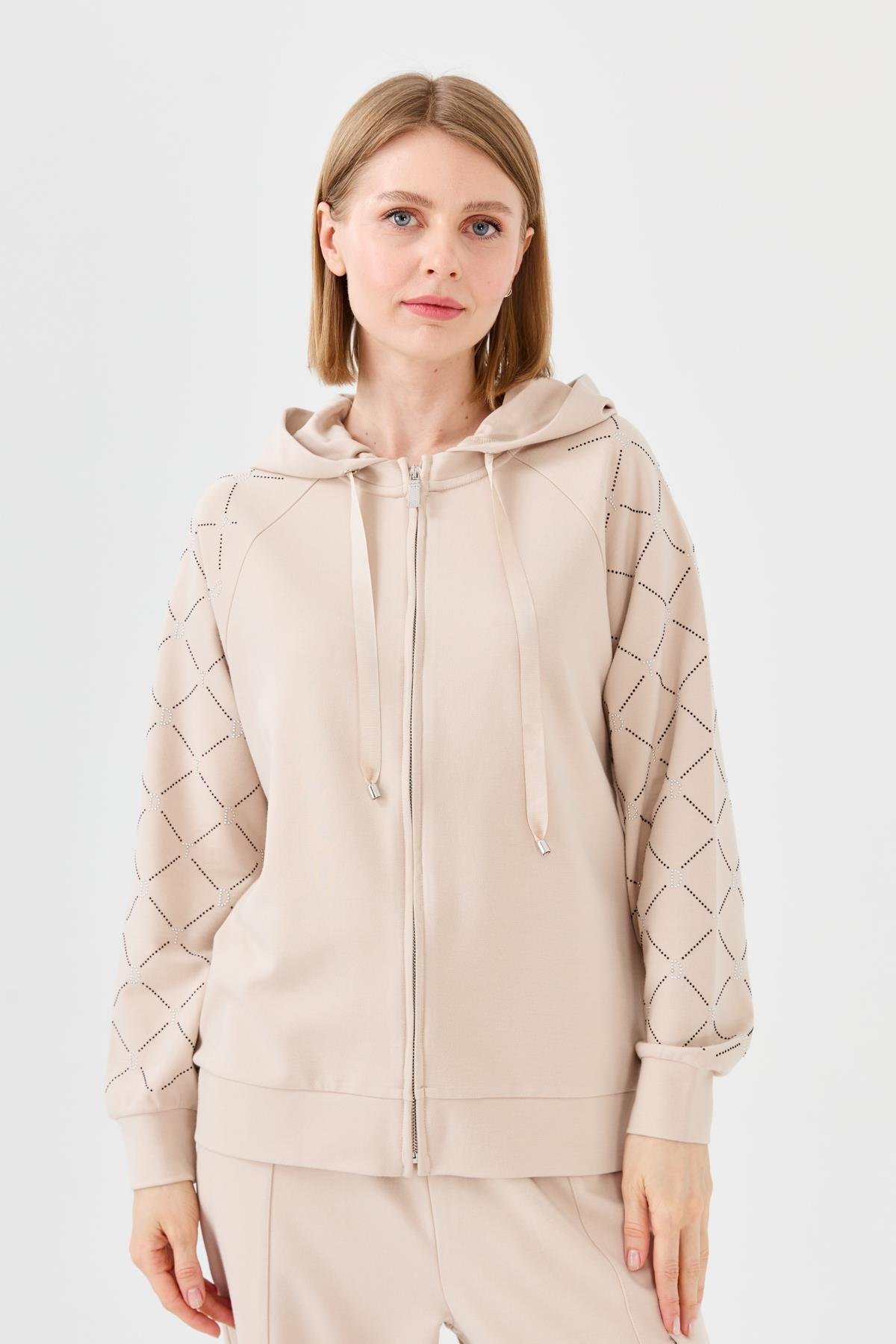 23457Kadın Triko Taş Basklı Kapüşonlu Yazlık Hırka Bej