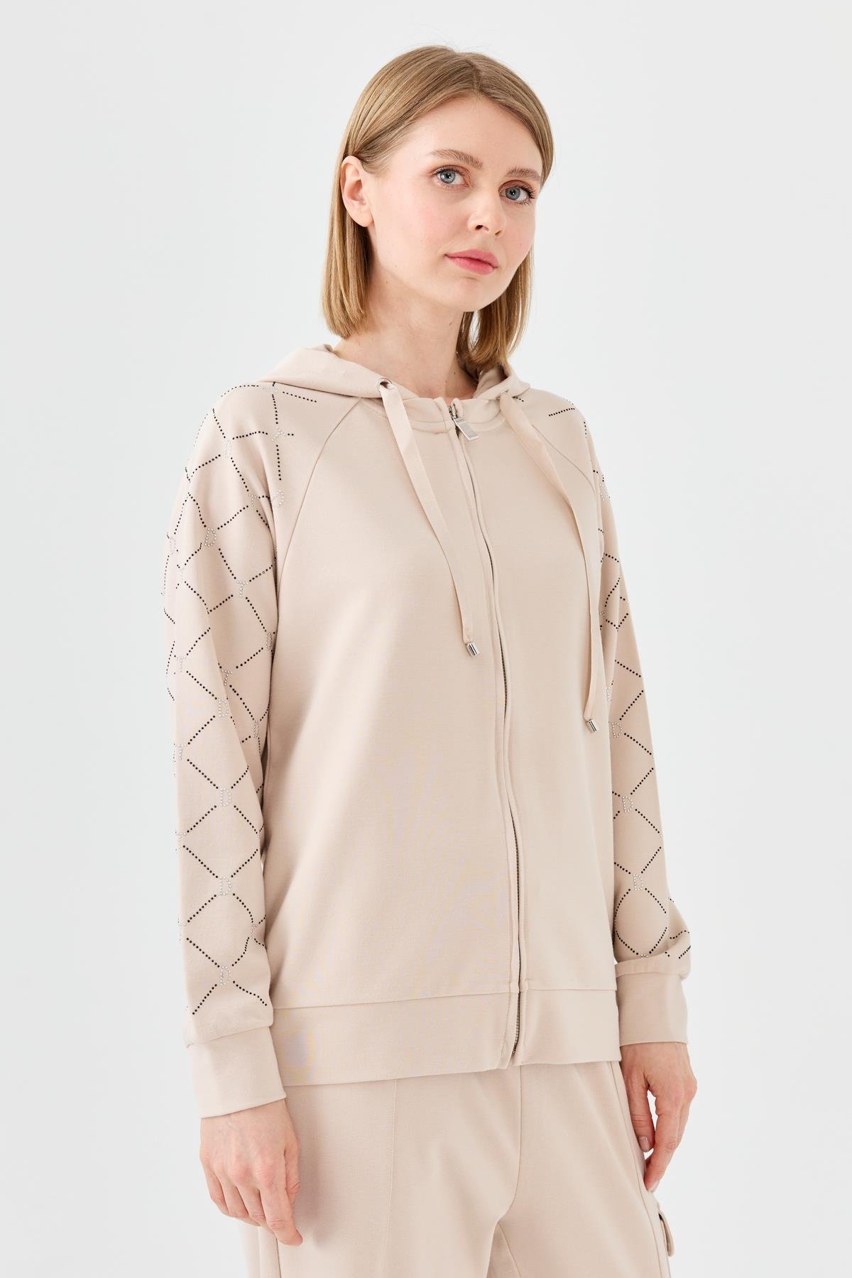 23457Kadın Triko Taş Basklı Kapüşonlu Yazlık Hırka Bej