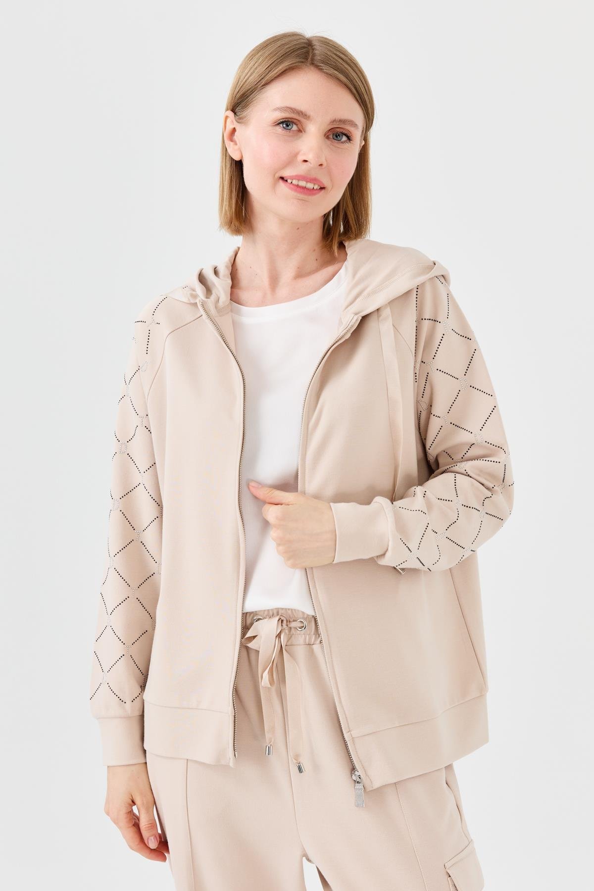 23457Kadın Triko Taş Basklı Kapüşonlu Yazlık Hırka Bej