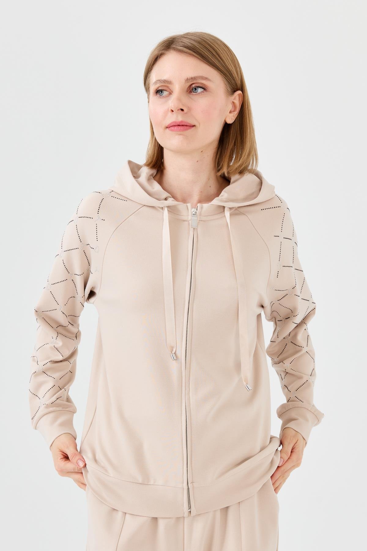 23457Kadın Triko Taş Basklı Kapüşonlu Yazlık Hırka Bej