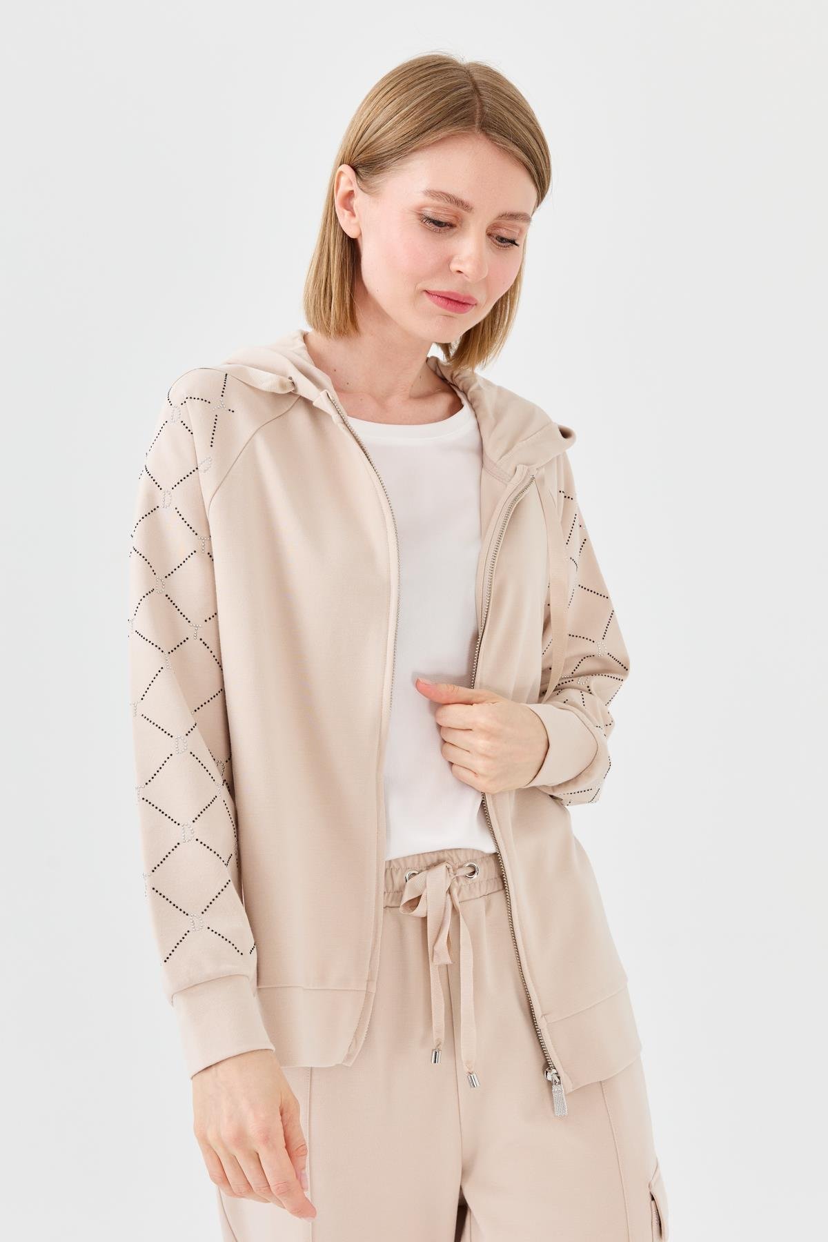 23457Kadın Triko Taş Basklı Kapüşonlu Yazlık Hırka Bej