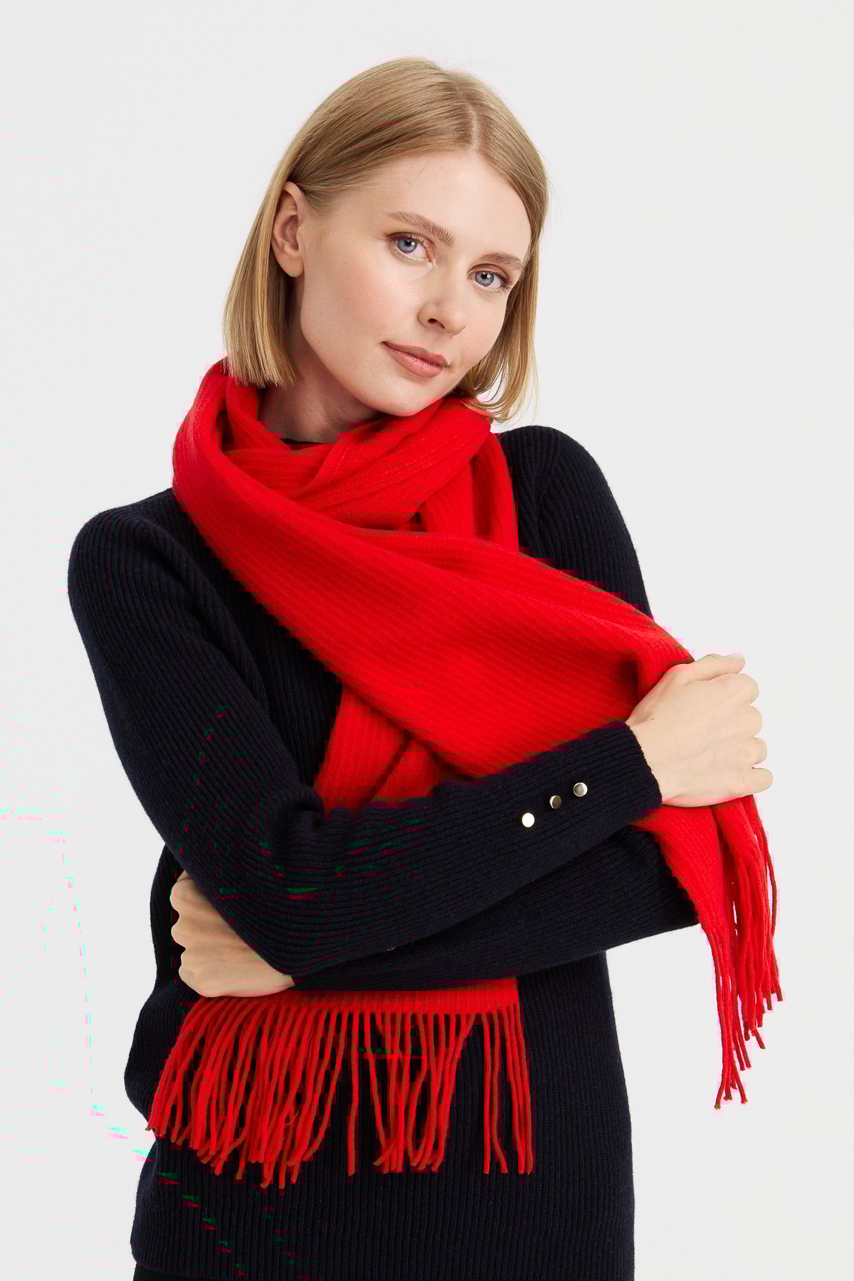 23300Kadın Triko Tek Renk Püsküllü Yün Kaşkol Mercan