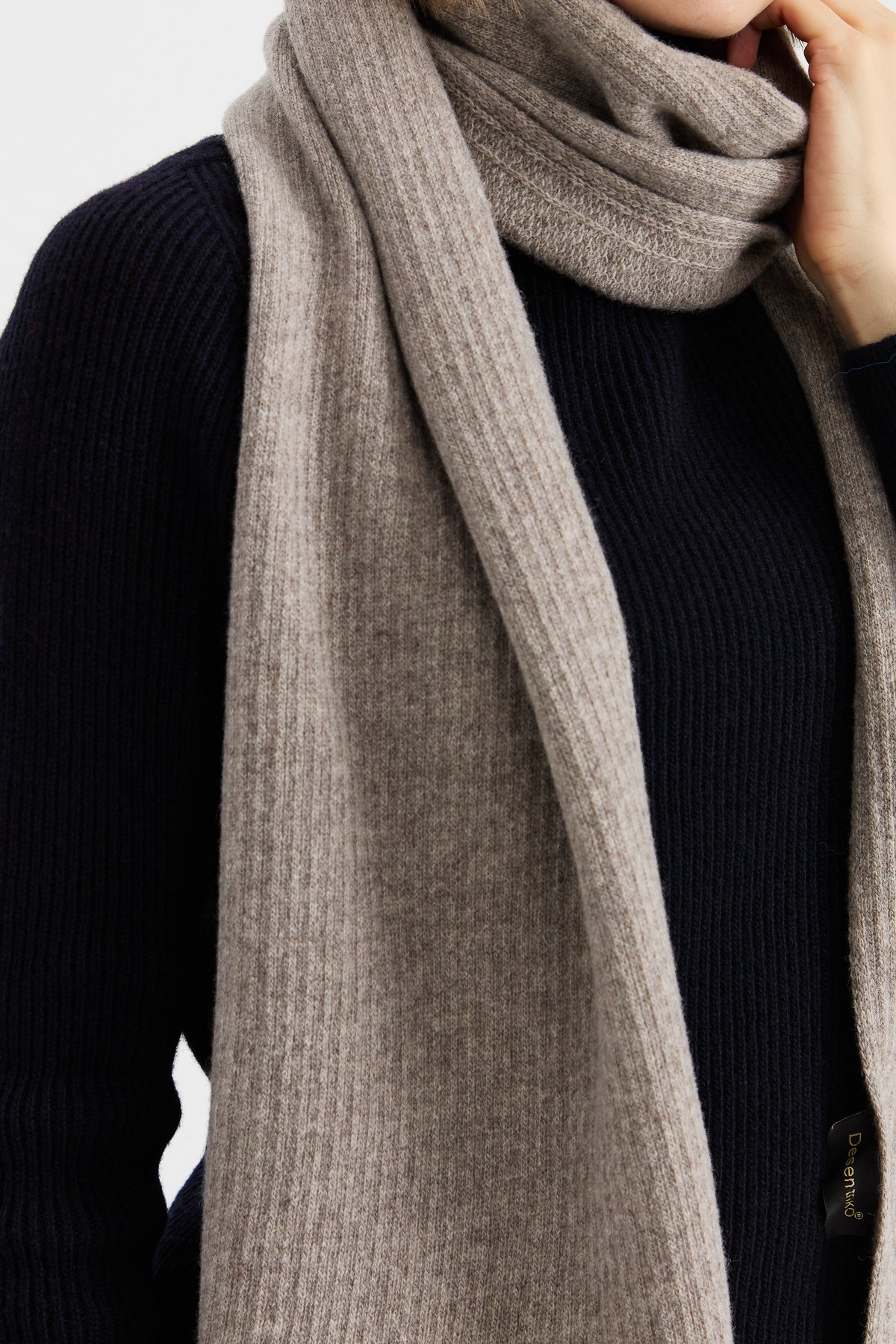 23300Kadın Triko Tek Renk Püsküllü Yün Kaşkol Vizon