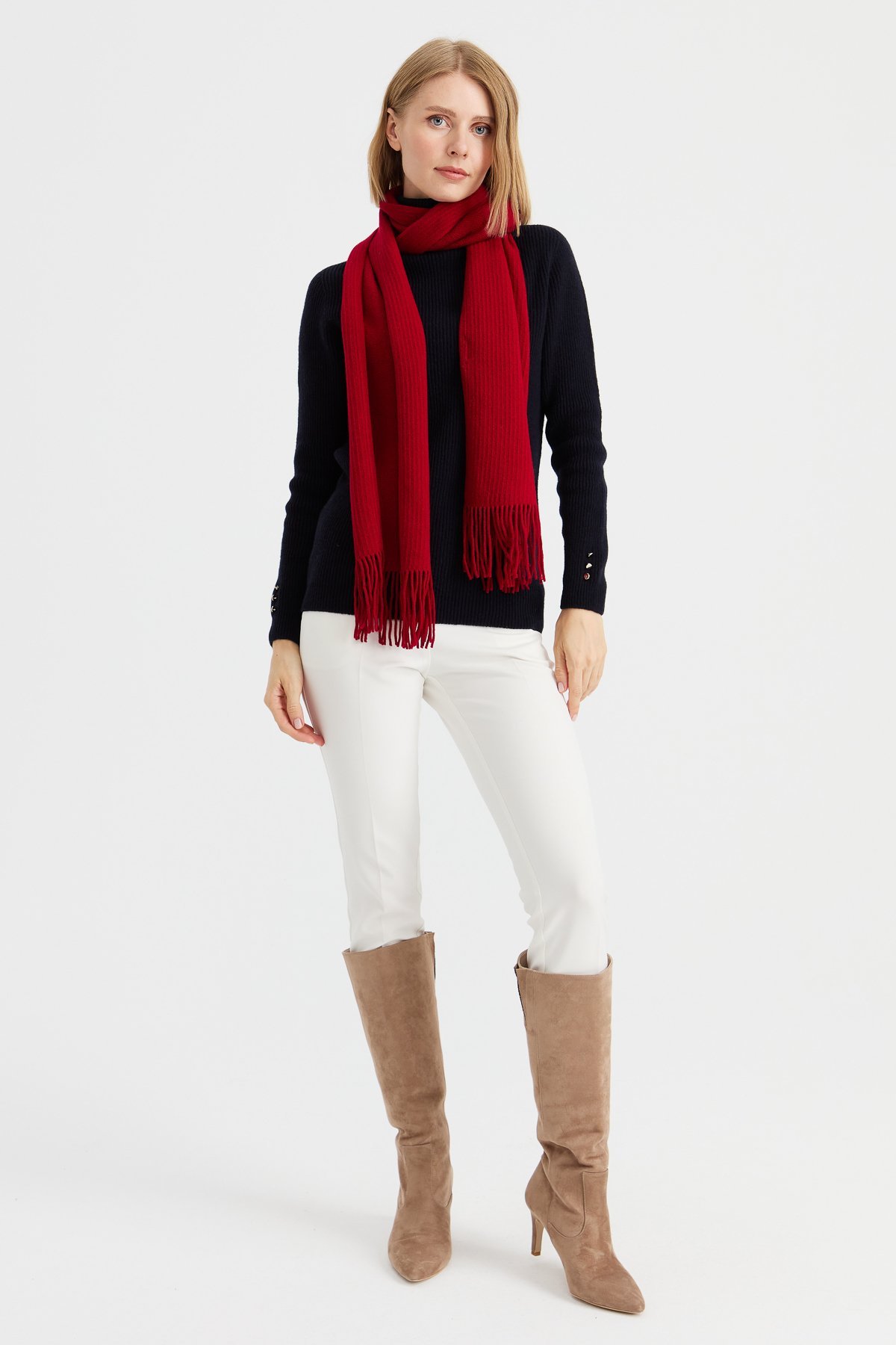 23300Kadın Triko Tek Renk Püsküllü Yün Kaşkol K.Kırmızı