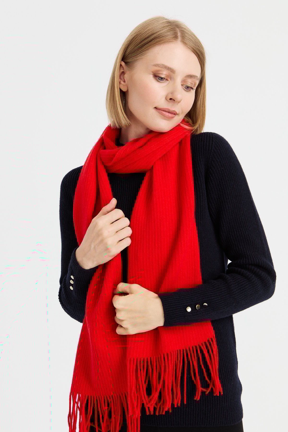 23300Kadın Triko Tek Renk Püsküllü Yün Kaşkol Mercan