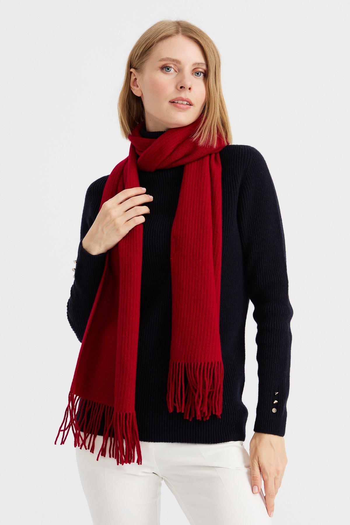 23300Kadın Triko Tek Renk Püsküllü Yün Kaşkol K.Kırmızı