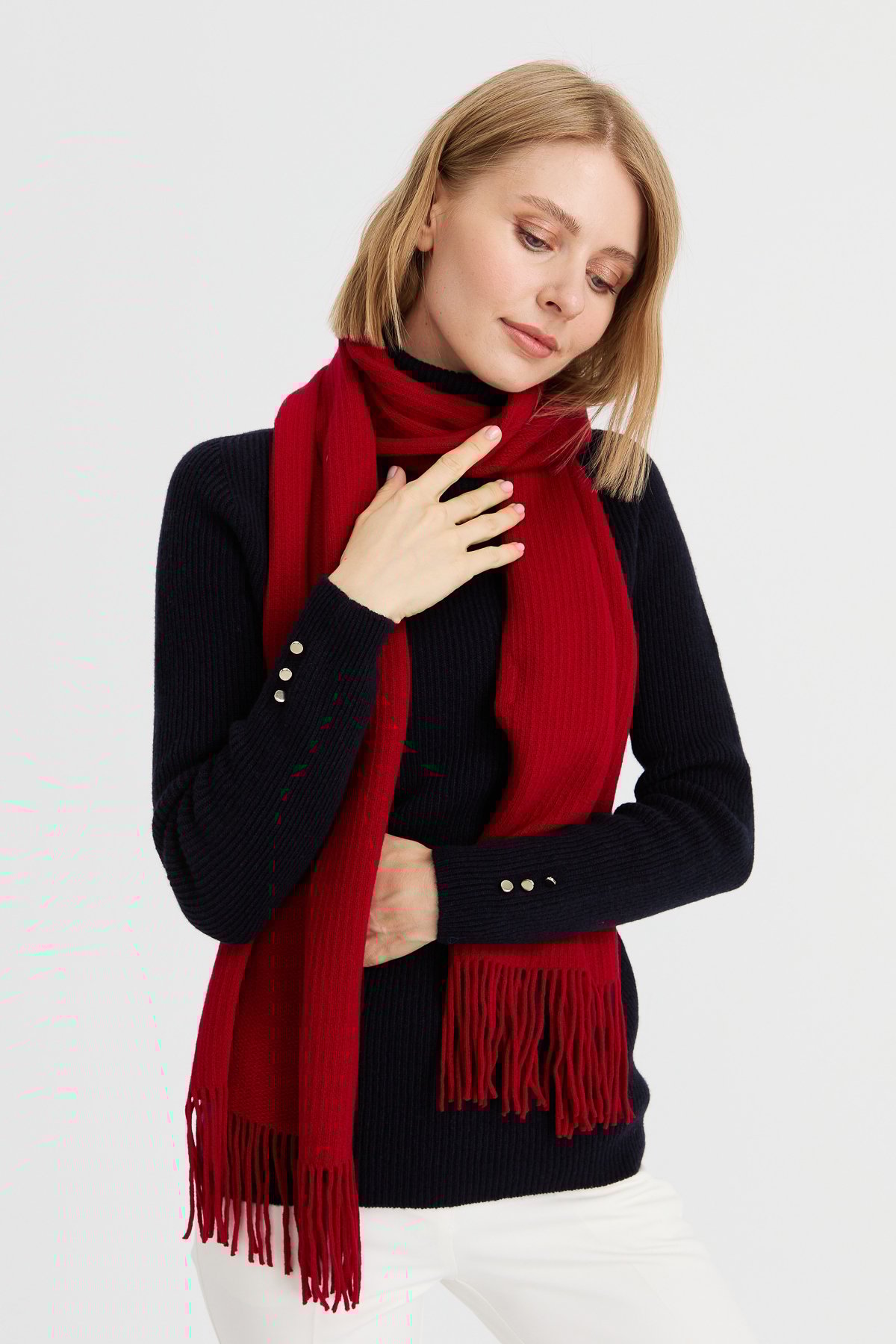 23300Kadın Triko Tek Renk Püsküllü Yün Kaşkol K.Kırmızı