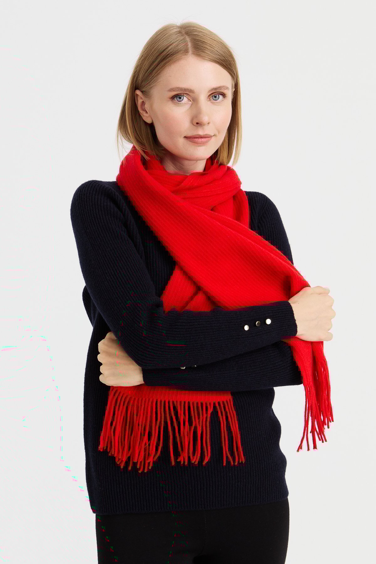 23300Kadın Triko Tek Renk Püsküllü Yün Kaşkol Mercan