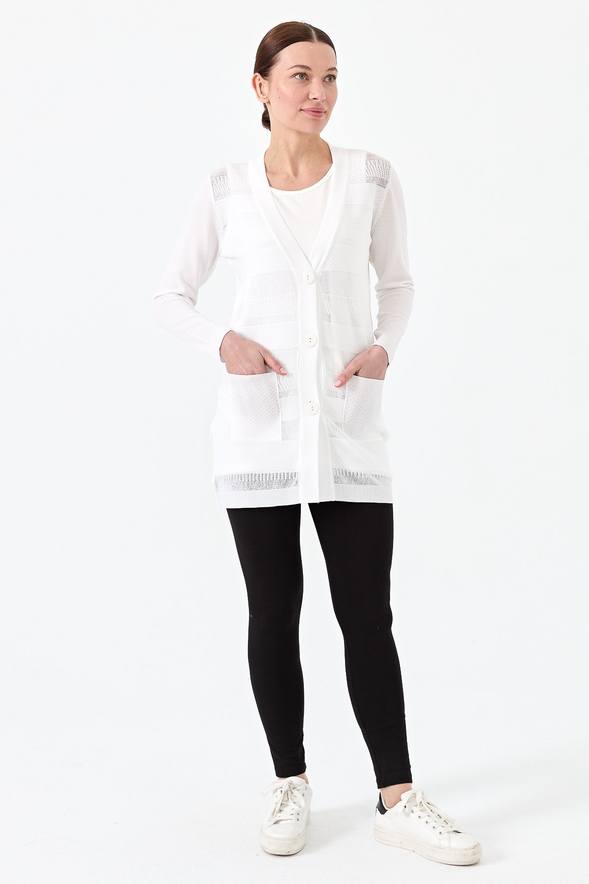 21364Kadın Triko V Yaka Yazlık Hırka Ekru