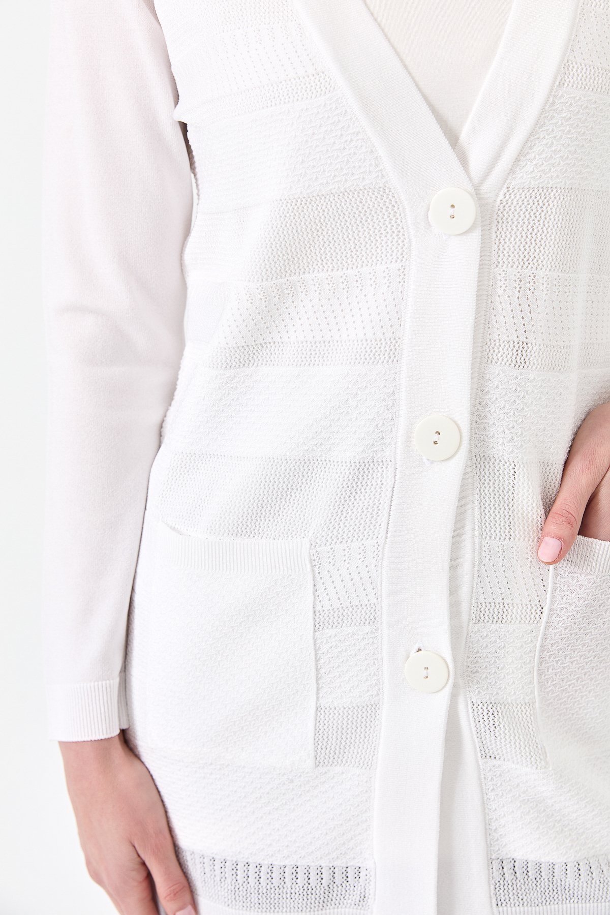 21364Kadın Triko V Yaka Yazlık Hırka Ekru