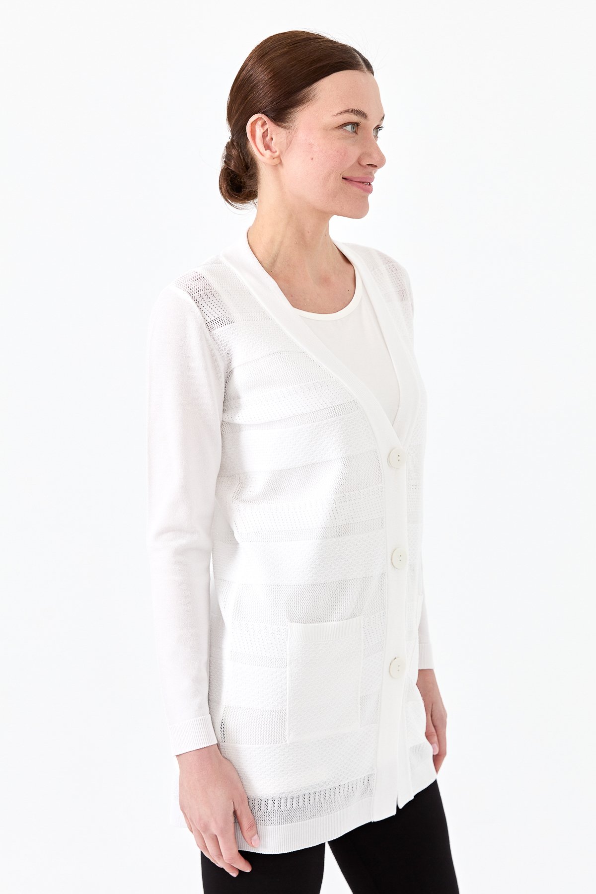 21364Kadın Triko V Yaka Yazlık Hırka Ekru