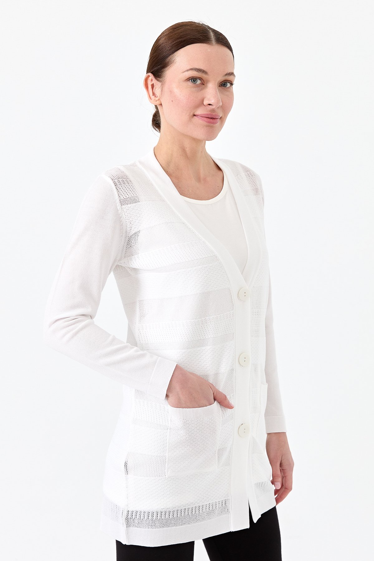 21364Kadın Triko V Yaka Yazlık Hırka Ekru