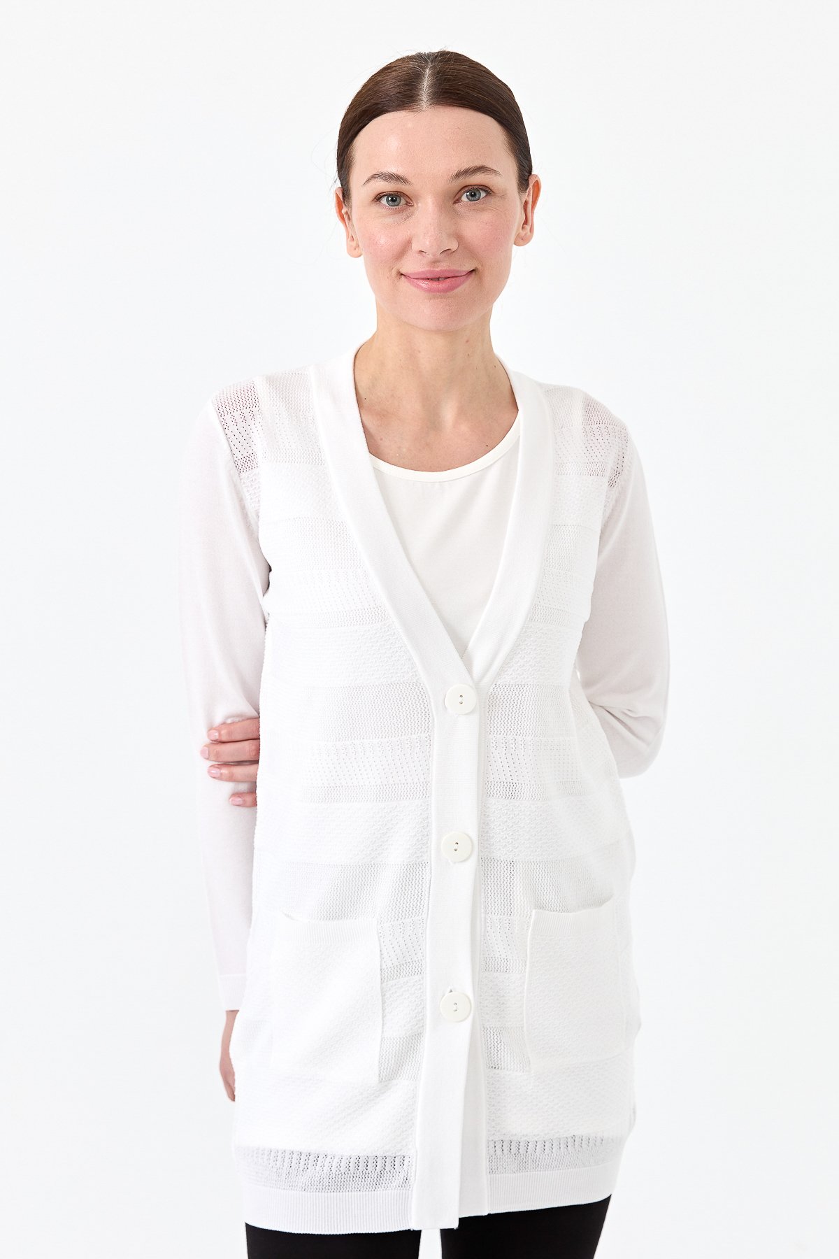 21364Kadın Triko V Yaka Yazlık Hırka Ekru