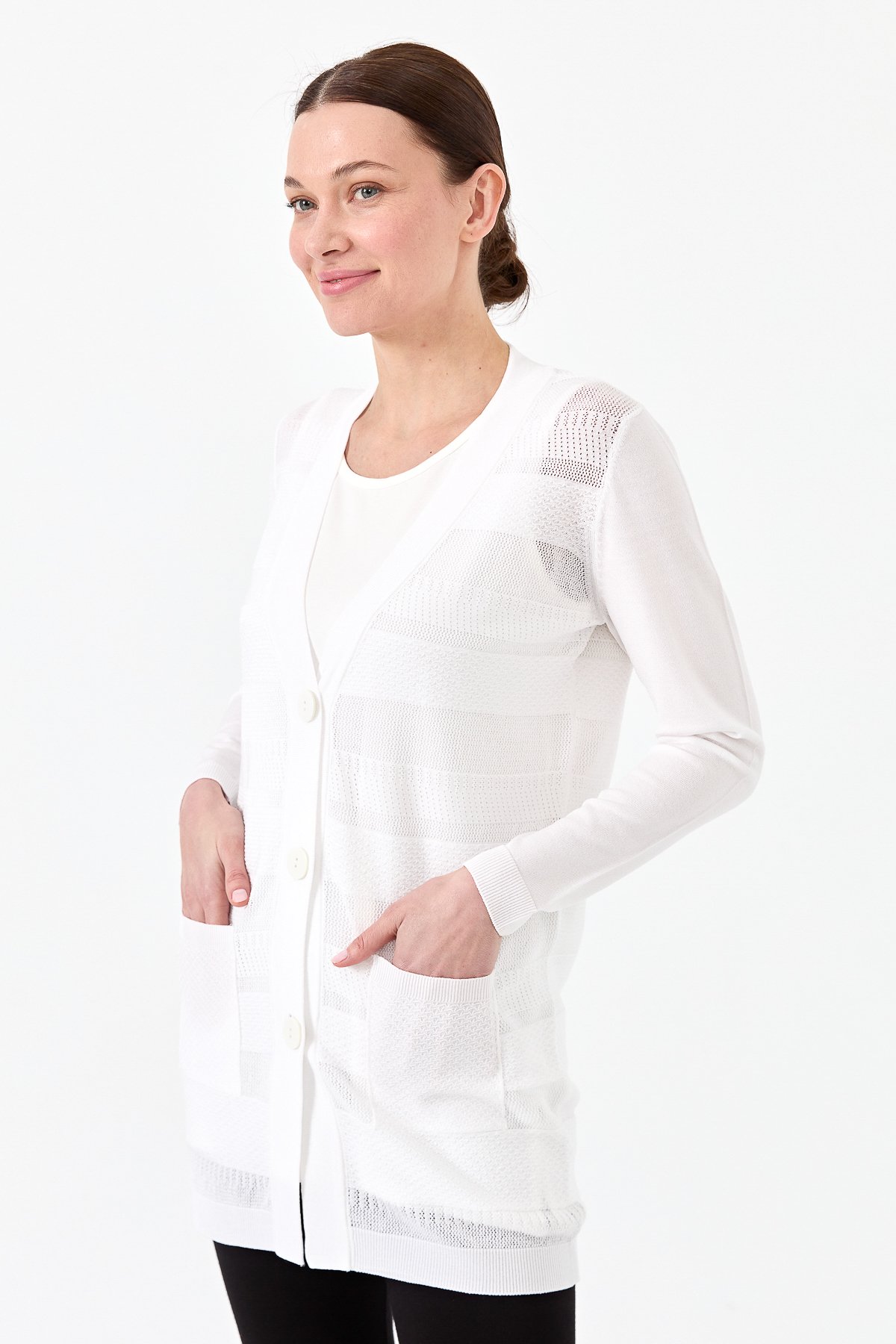 21364Kadın Triko V Yaka Yazlık Hırka Ekru