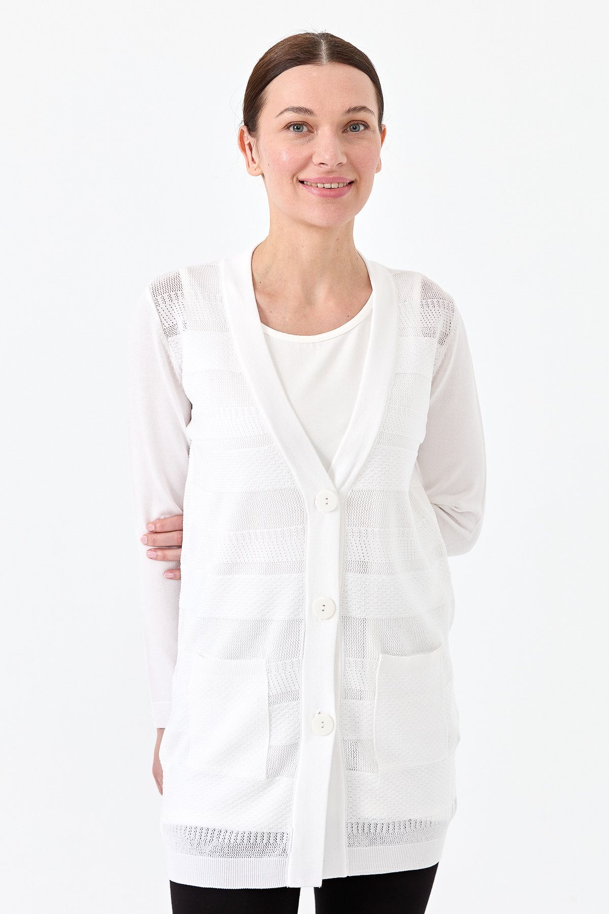 21364Kadın Triko V Yaka Yazlık Hırka Ekru